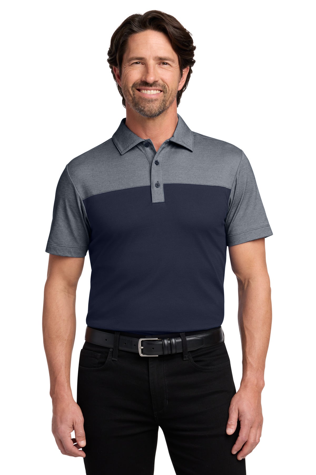 Custom River Blue Navy/ River Blue Navy Heather Fine Pique Blend Blocked Polo K831, personalized by SanCanDo Swag in Argyle, TX