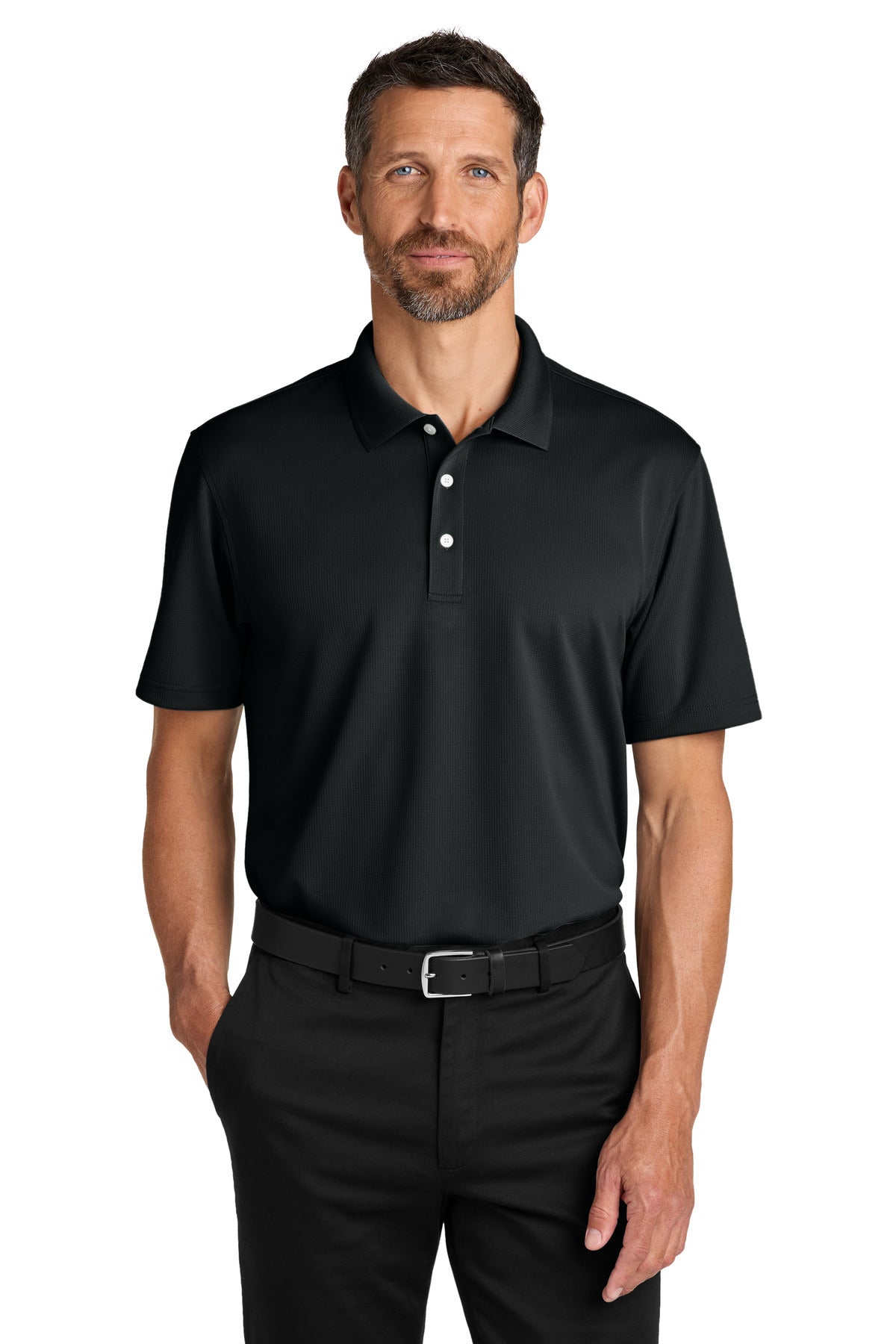 Custom Deep Black Dry Zone Stain-Release Grid Polo K845, personalized by SanCanDo Swag in Argyle, TX
