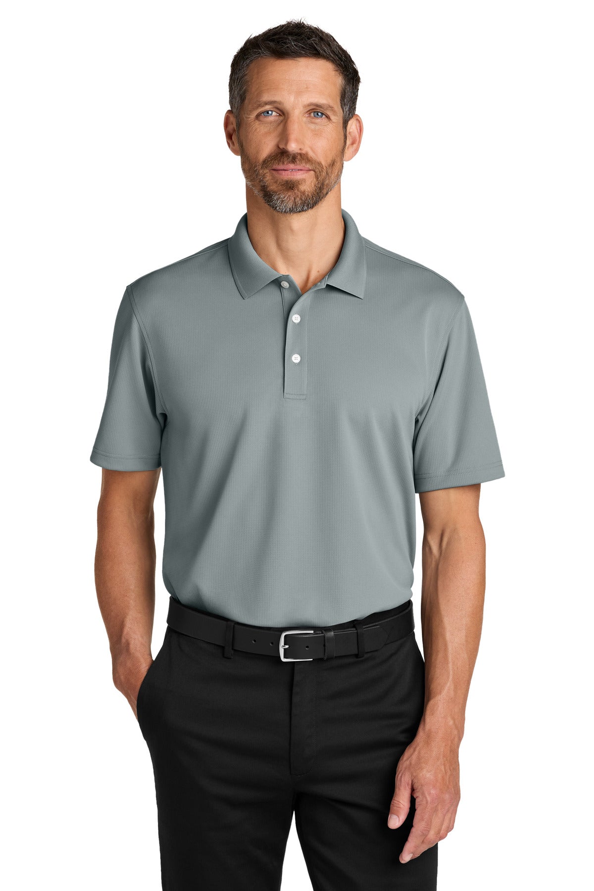 Custom Light Sterling Grey Dry Zone Stain-Release Grid Polo K845, personalized by SanCanDo Swag in Argyle, TX