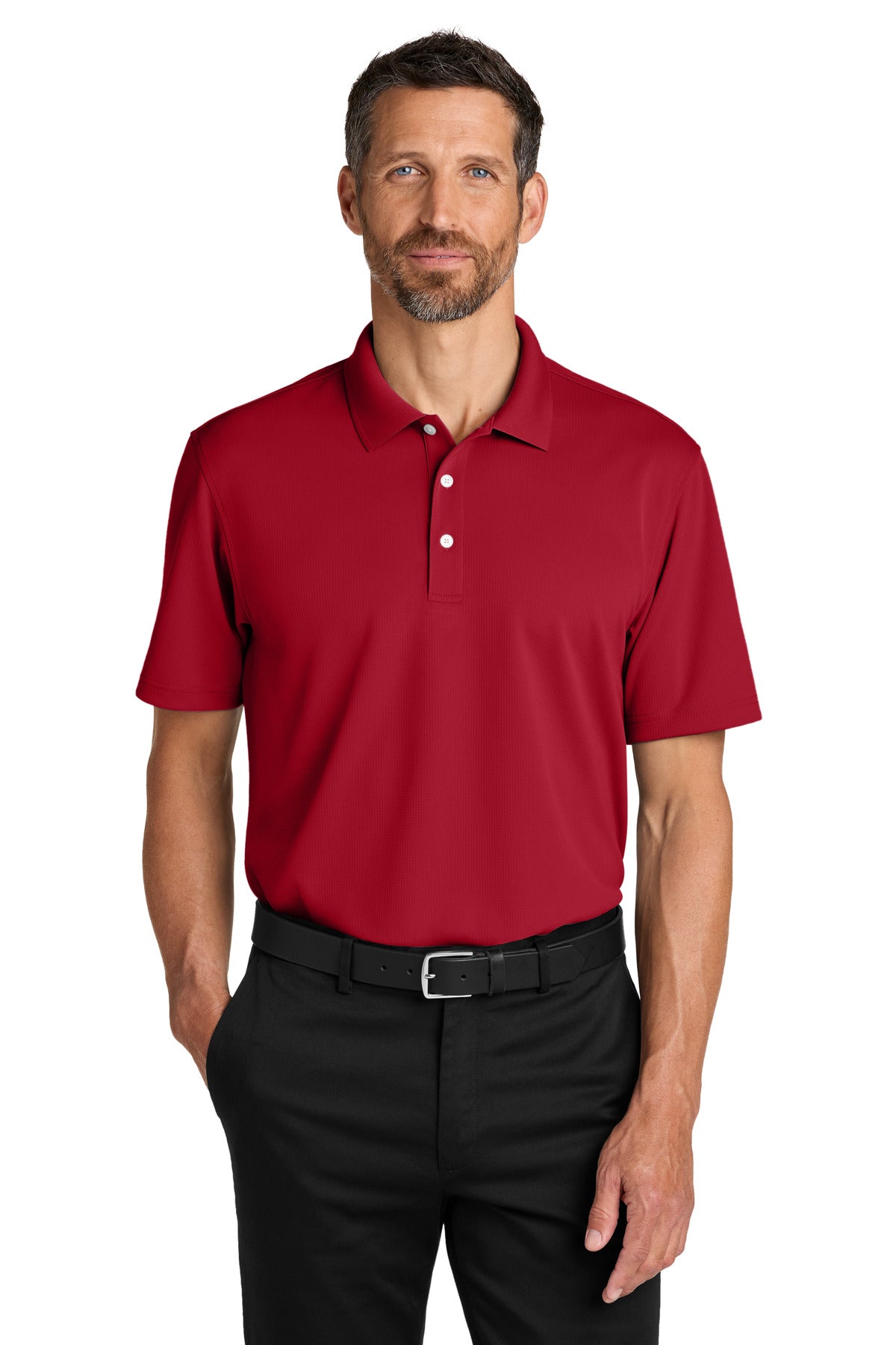 Custom Rich Red Dry Zone Stain-Release Grid Polo K845, personalized by SanCanDo Swag in Argyle, TX