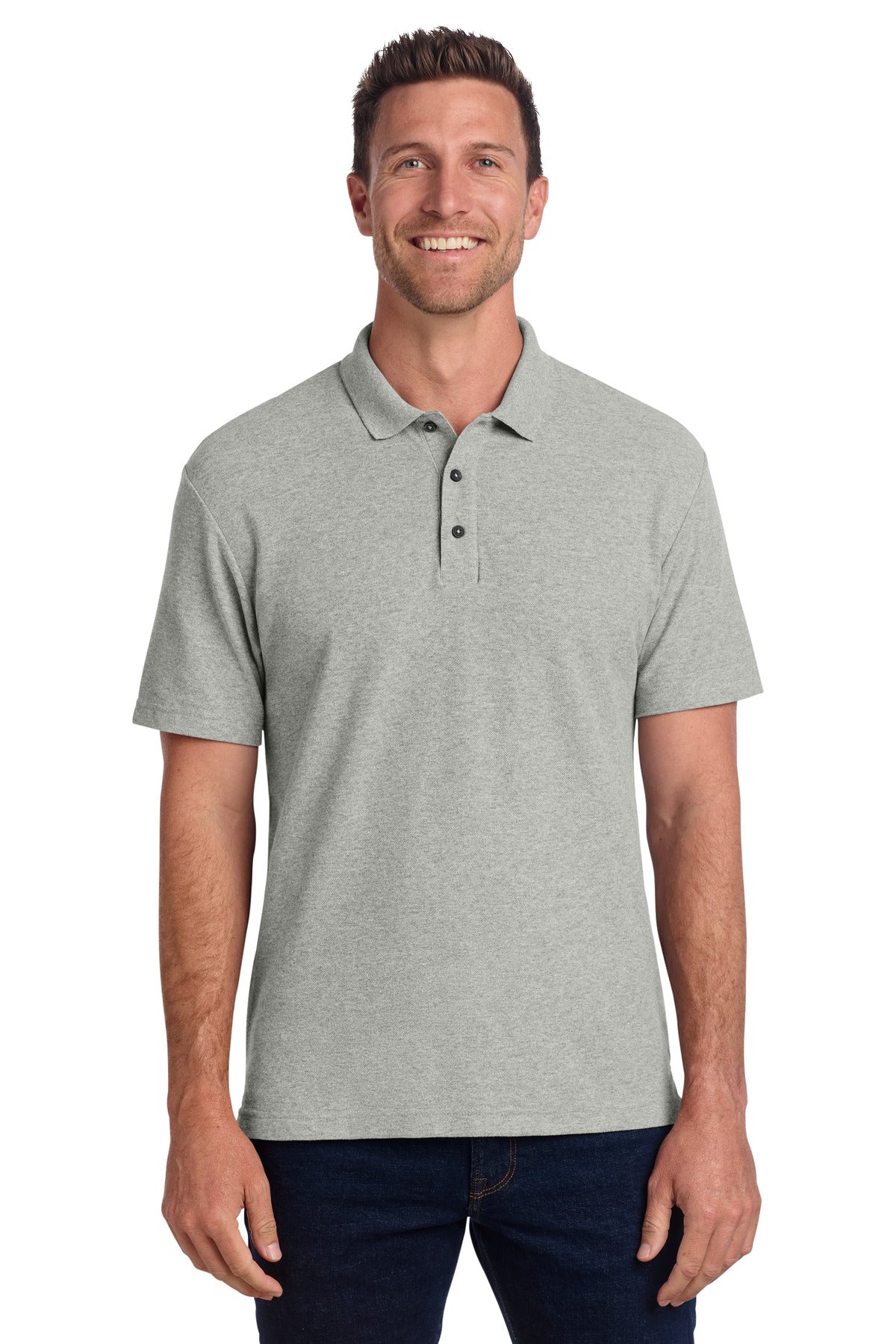Custom Deep Smoke Heather C-FREE Cotton Blend Pique Polo K867, personalized by SanCanDo Swag in Argyle, TX
