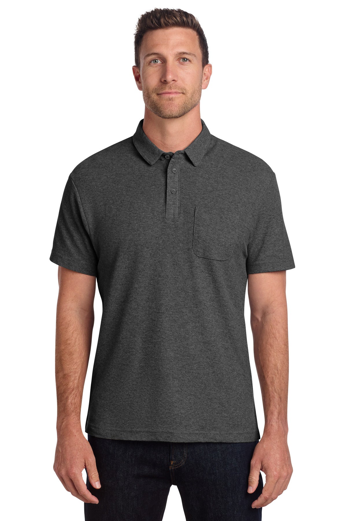 Custom Charcoal Heather C-FREE Cotton Blend Pique Pocket Polo K868, personalized by SanCanDo Swag in Argyle, TX