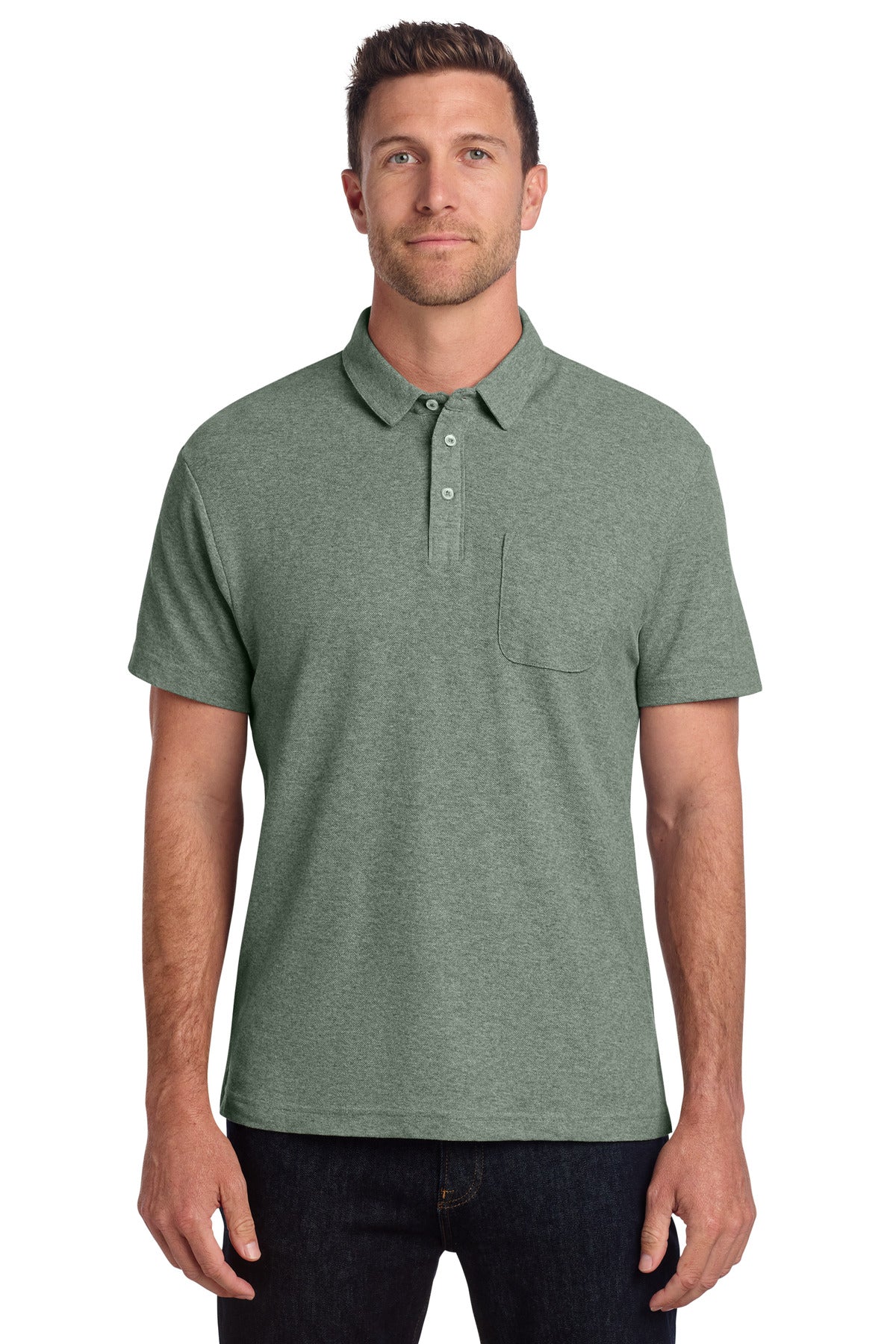 Custom Dark Green Heather C-FREE Cotton Blend Pique Pocket Polo K868, personalized by SanCanDo Swag in Argyle, TX