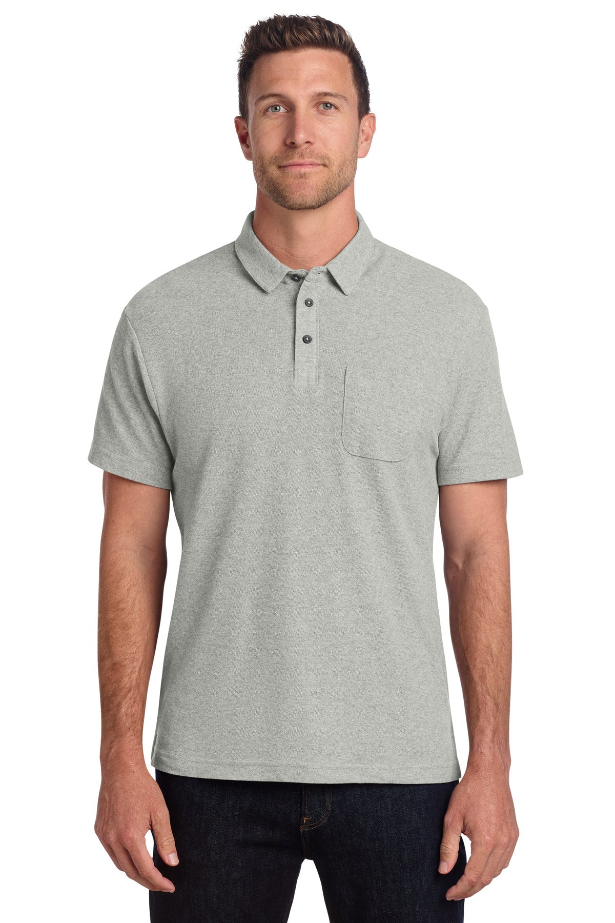Custom Deep Smoke Heather C-FREE Cotton Blend Pique Pocket Polo K868, personalized by SanCanDo Swag in Argyle, TX