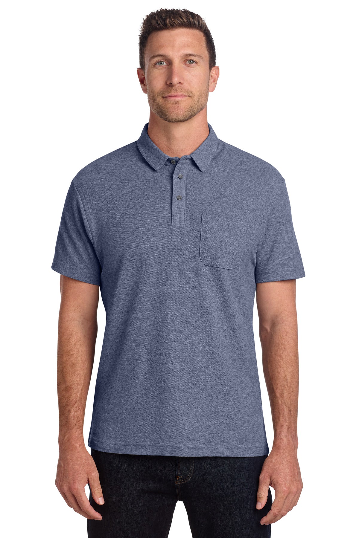 Custom Navy Heather C-FREE Cotton Blend Pique Pocket Polo K868, personalized by SanCanDo Swag in Argyle, TX