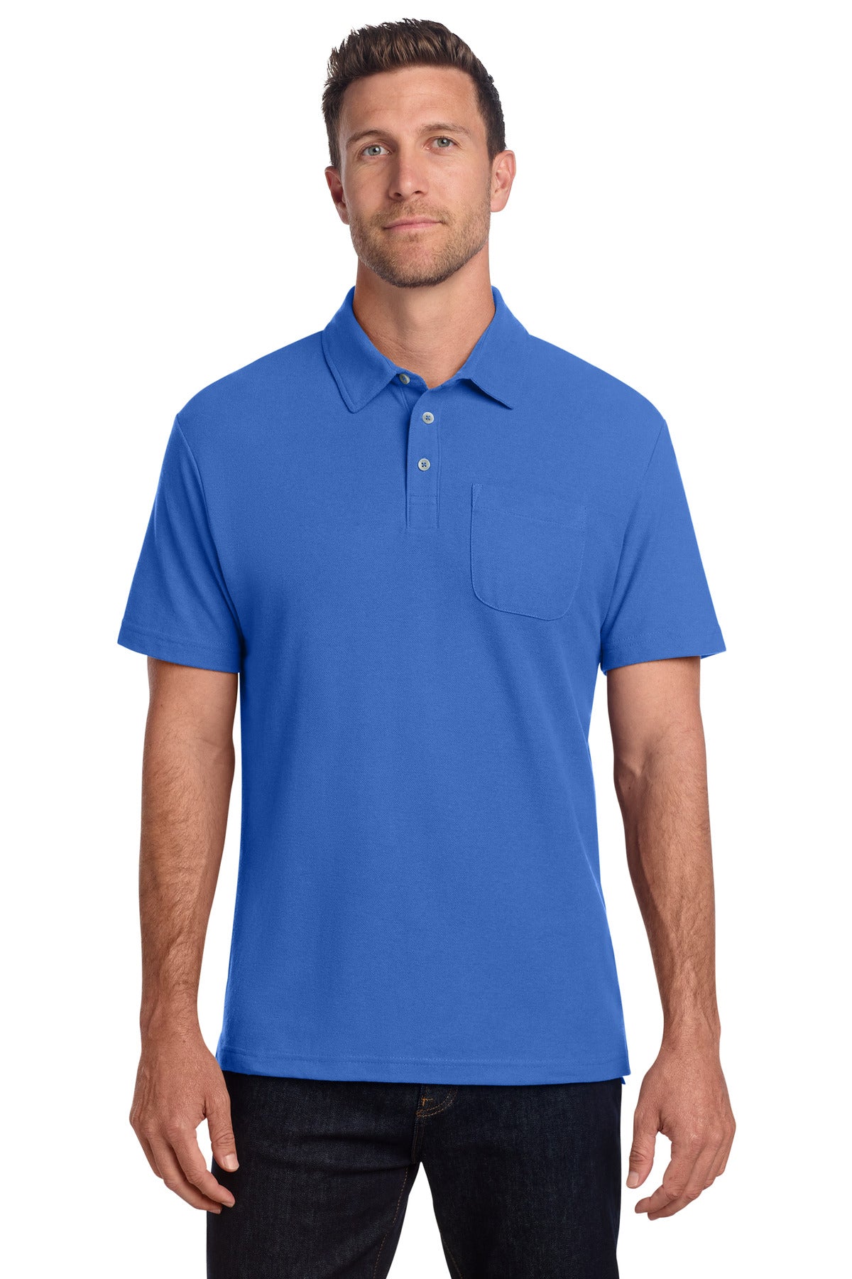 Custom True Blue C-FREE Cotton Blend Pique Pocket Polo K868, personalized by SanCanDo Swag in Argyle, TX