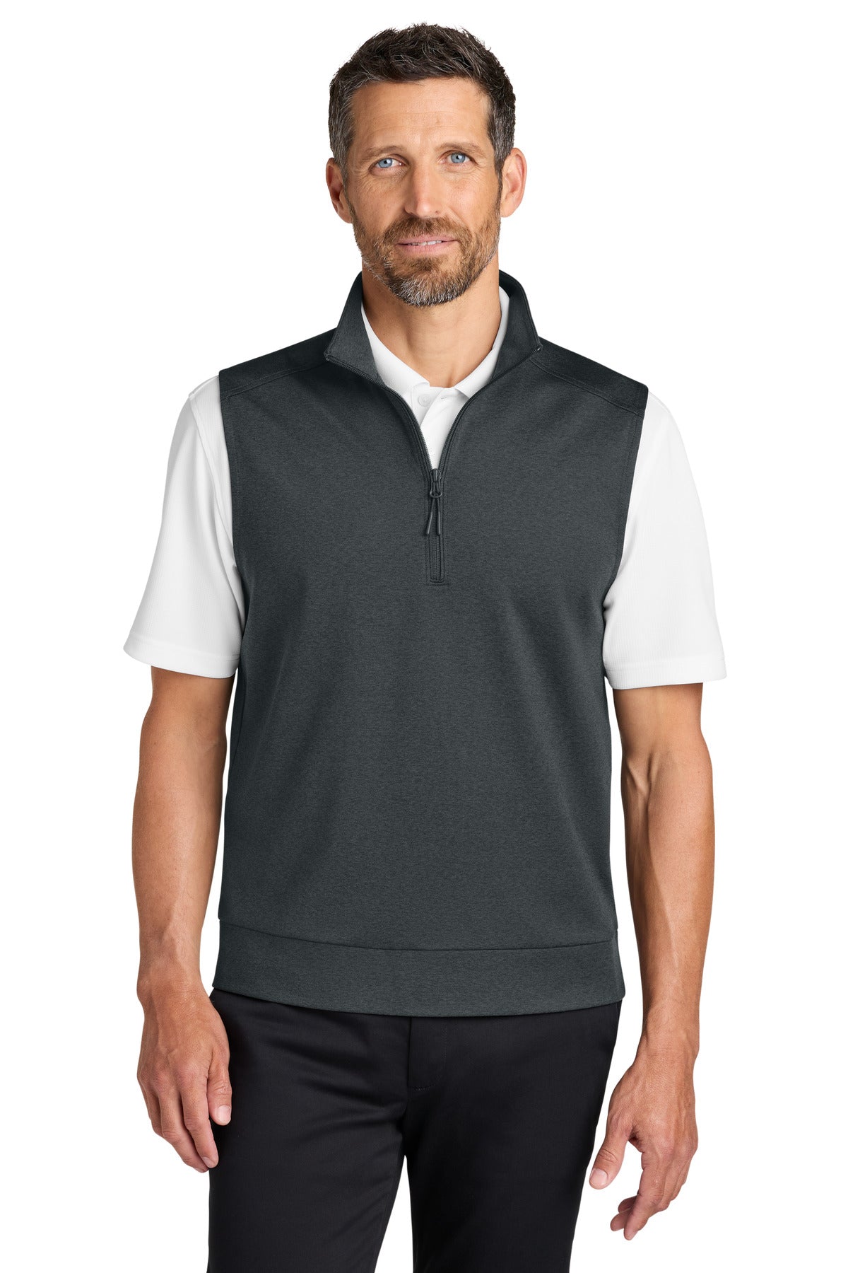 Custom Grey Steel Heather C-FREE Double Knit 1/4-Zip Vest K880V, personalized by SanCanDo Swag in Argyle, TX