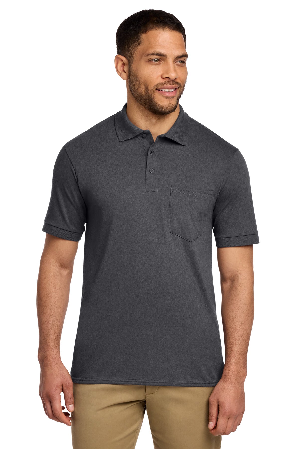 Custom Charcoal Core Blend Jersey Knit Pocket Polo KP55P, personalized by SanCanDo Swag in Argyle, TX