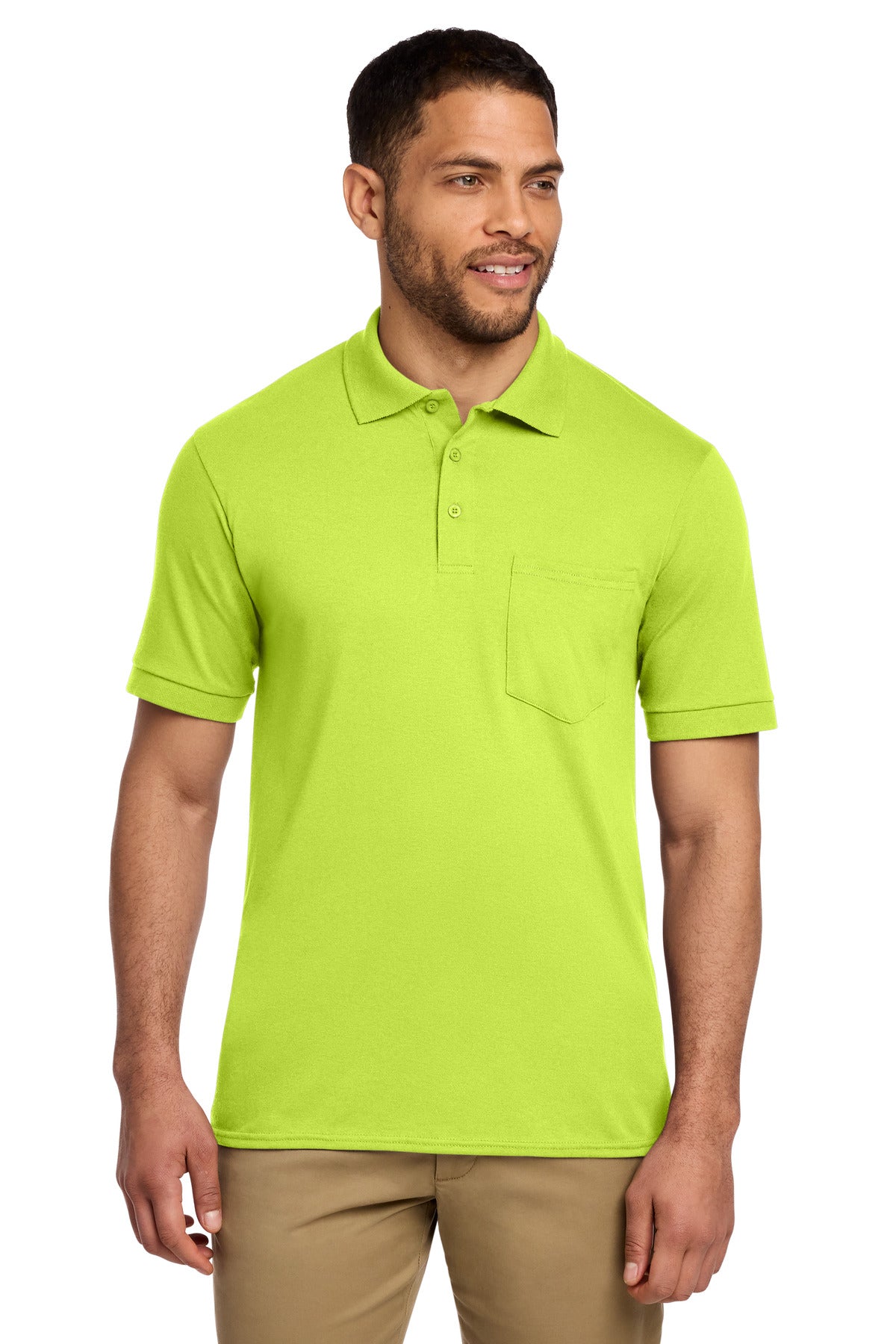 Custom Safety Green Core Blend Jersey Knit Pocket Polo KP55P, personalized by SanCanDo Swag in Argyle, TX
