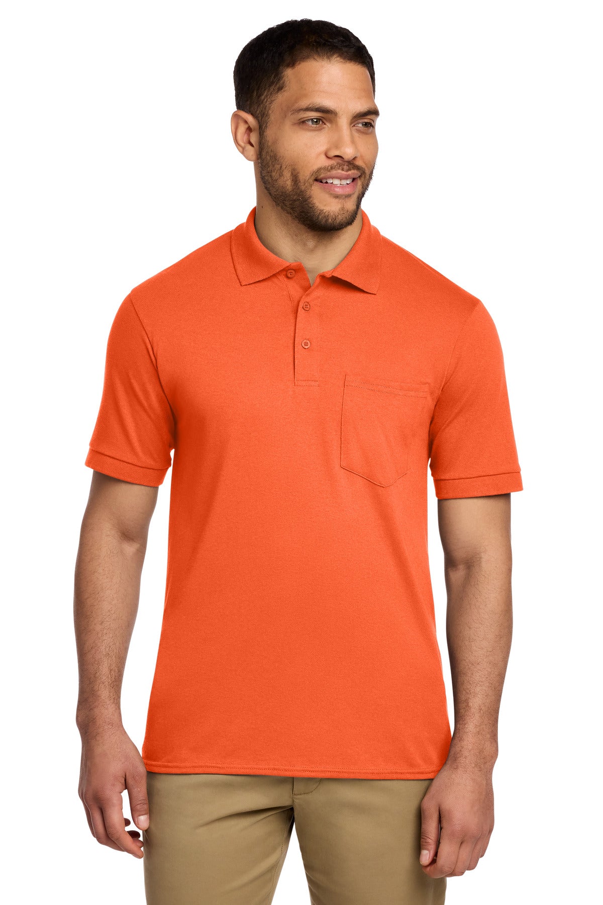 Custom Safety Orange Core Blend Jersey Knit Pocket Polo KP55P, personalized by SanCanDo Swag in Argyle, TX