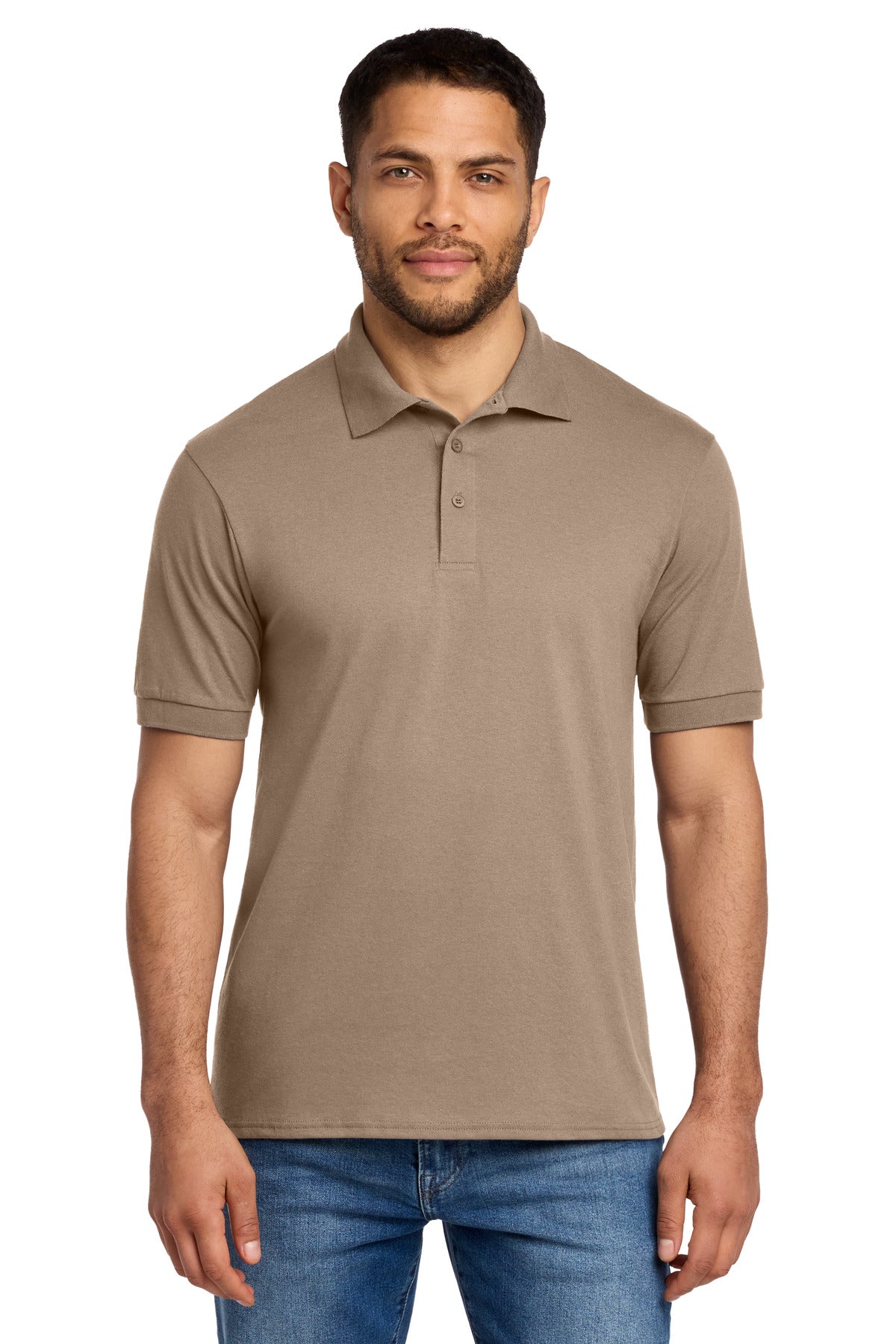 Custom Sand Tall Core Blend Jersey Knit Polo KP55T, personalized by SanCanDo Swag in Argyle, TX