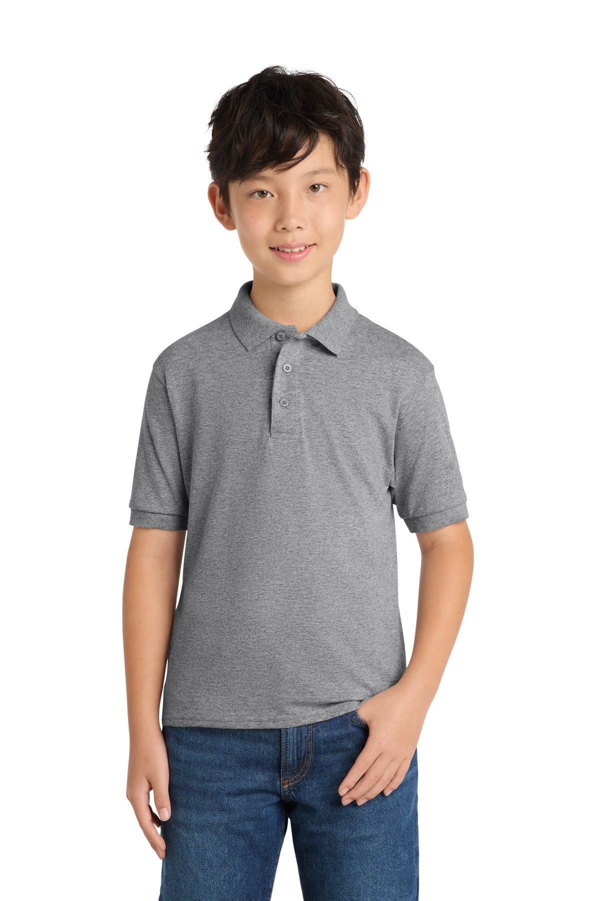 Custom Athletic Heather Youth Core Blend Jersey Knit Polo KP55Y, personalized by SanCanDo Swag in Argyle, TX