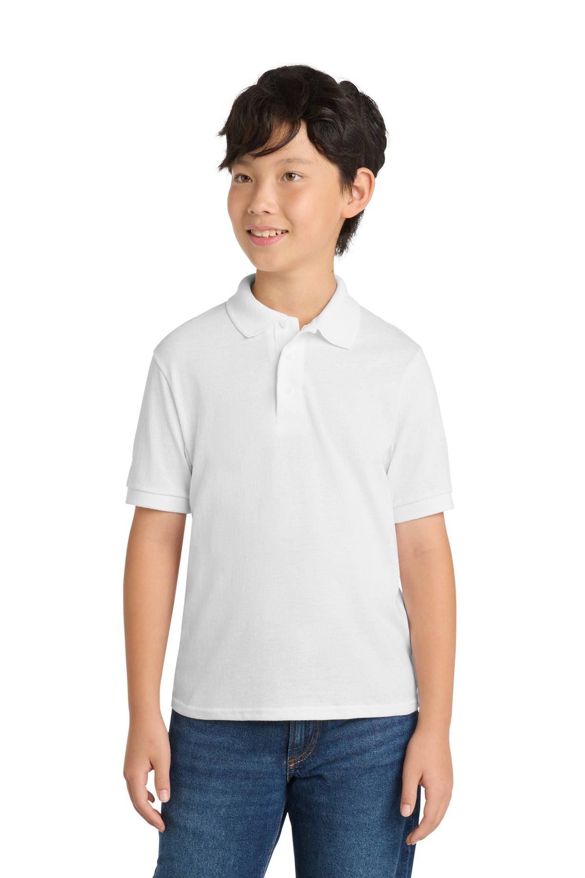 Custom White Youth Core Blend Jersey Knit Polo KP55Y, personalized by SanCanDo Swag in Argyle, TX