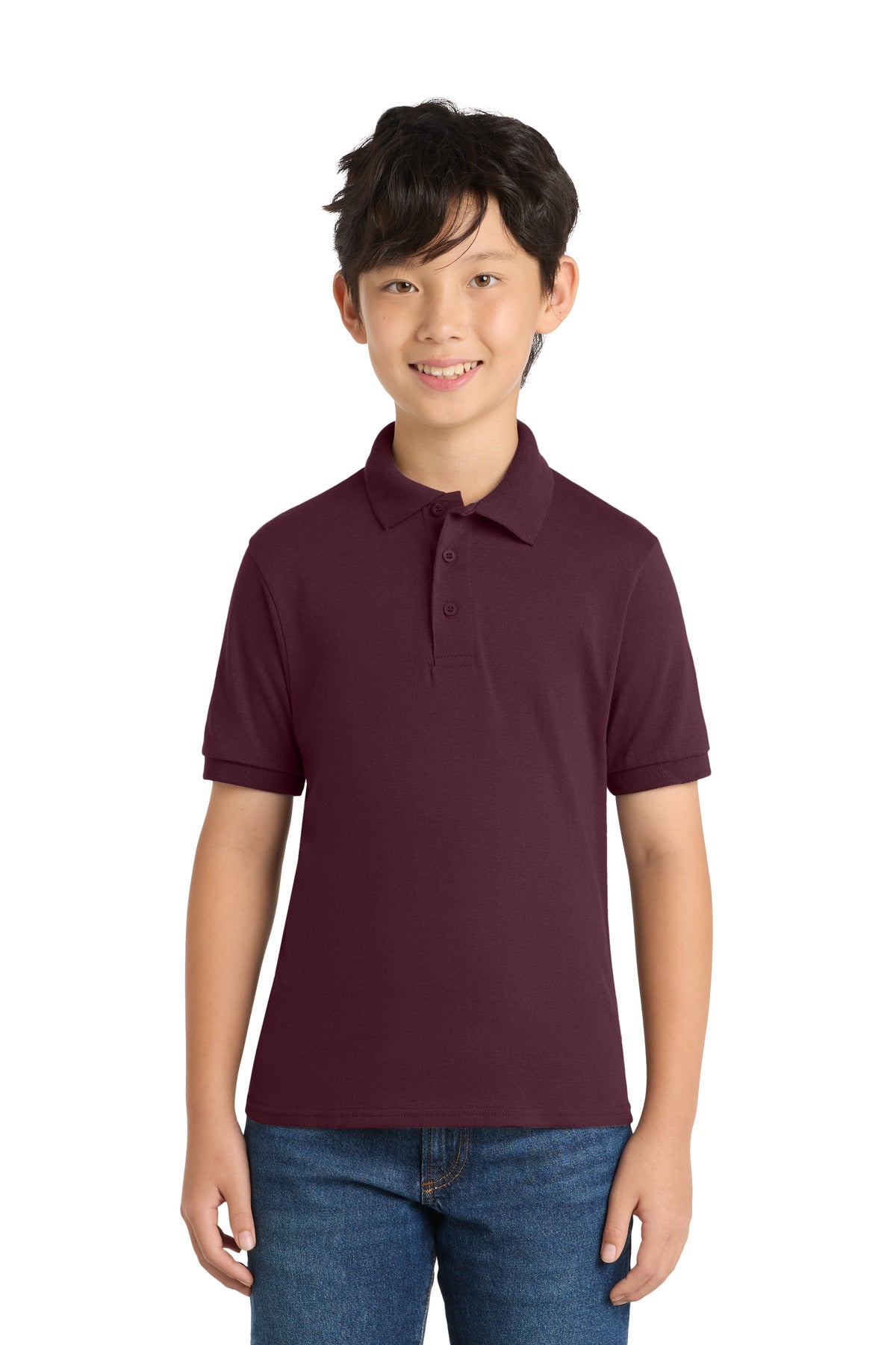 Custom Athletic Maroon Youth Core Blend Jersey Knit Polo KP55Y, personalized by SanCanDo Swag in Argyle, TX