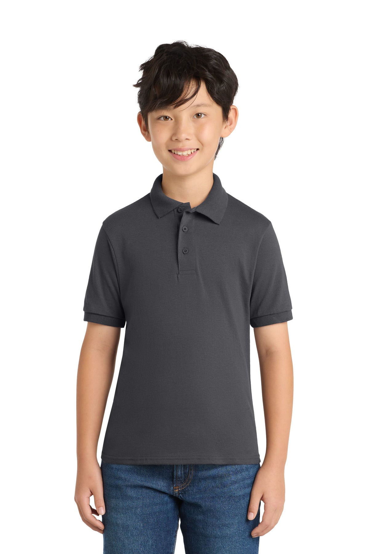 Custom Charcoal Youth Core Blend Jersey Knit Polo KP55Y, personalized by SanCanDo Swag in Argyle, TX