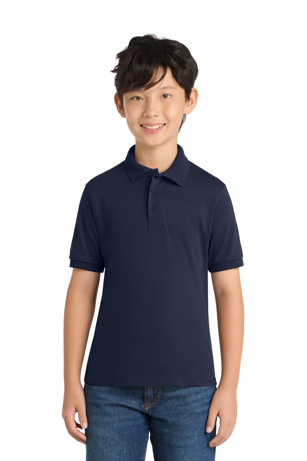 Custom Deep Navy Youth Core Blend Jersey Knit Polo KP55Y, personalized by SanCanDo Swag in Argyle, TX