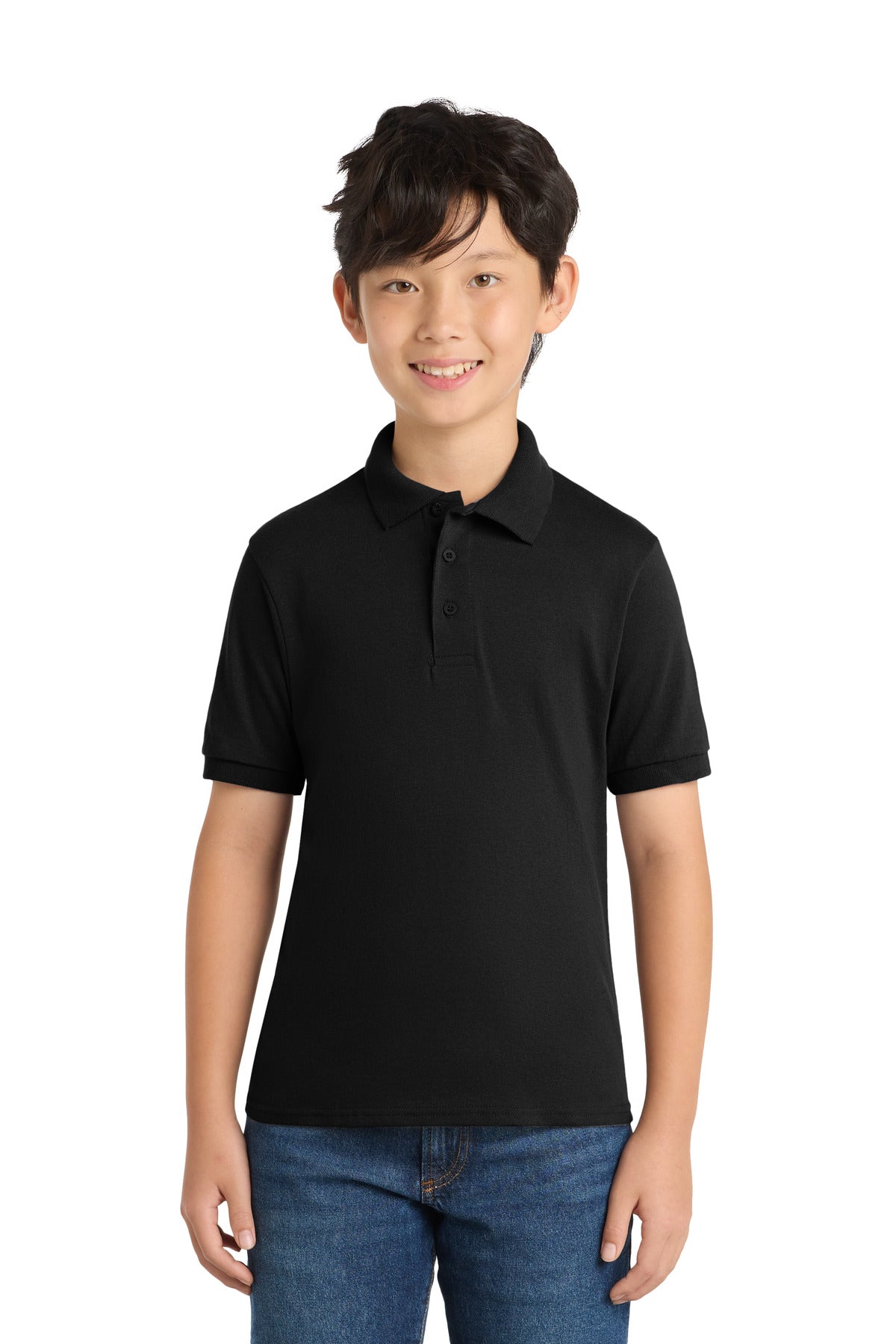 Custom Jet Black Youth Core Blend Jersey Knit Polo KP55Y, personalized by SanCanDo Swag in Argyle, TX