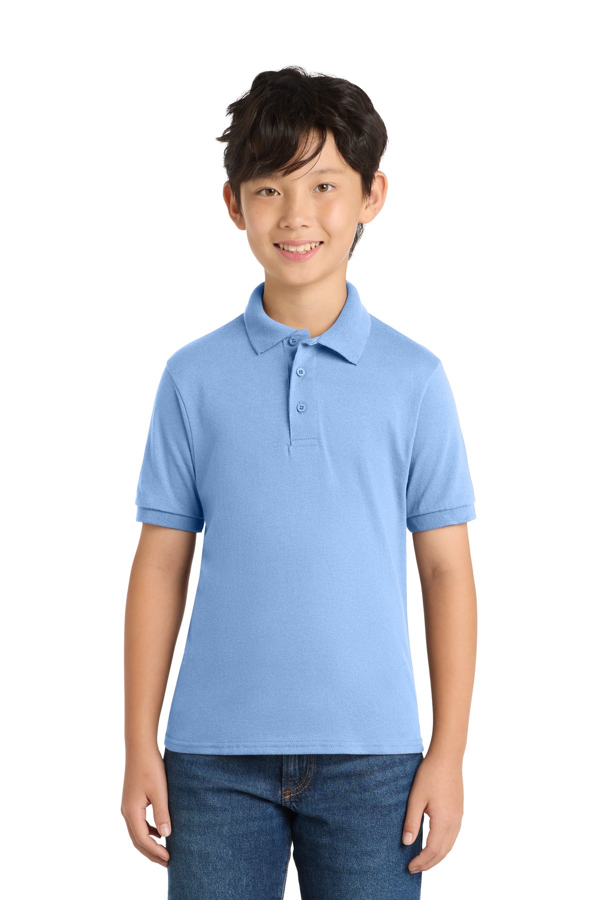 Custom Light Blue Youth Core Blend Jersey Knit Polo KP55Y, personalized by SanCanDo Swag in Argyle, TX