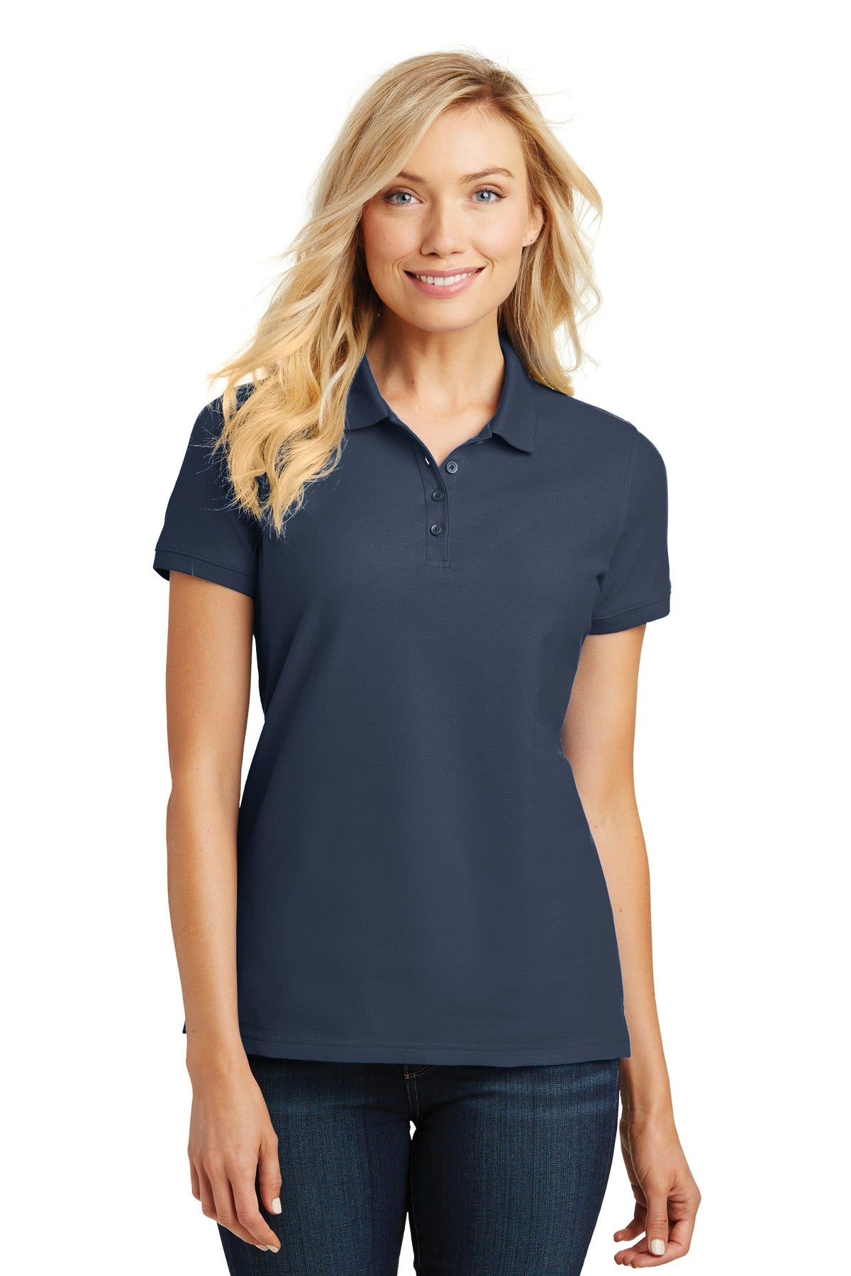 Custom River Blue Navy Women's Core Classic Pique Polo L100, personalized by SanCanDo Swag in Argyle, TX