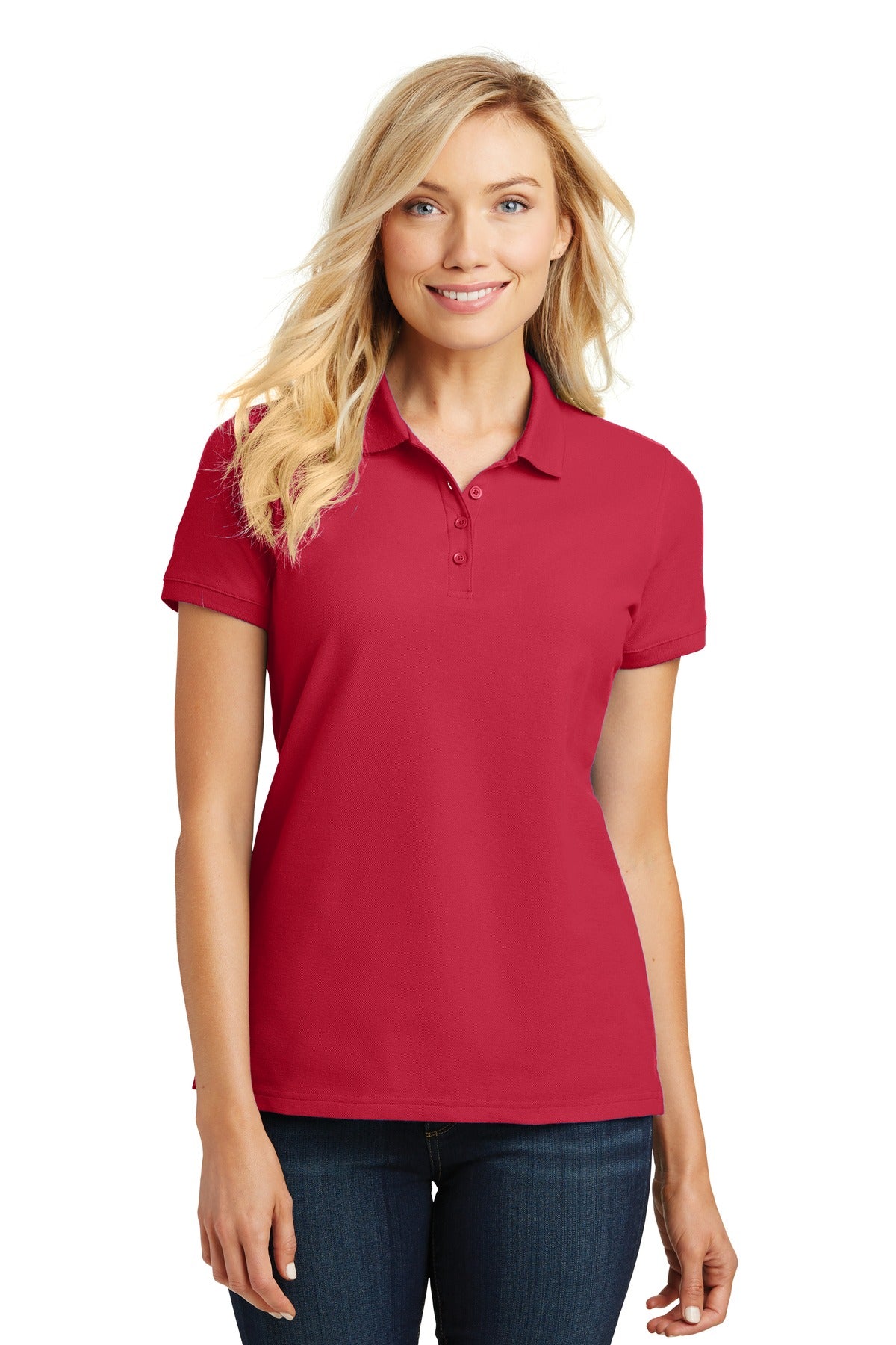 Custom Rich Red Women's Core Classic Pique Polo L100, personalized by SanCanDo Swag in Argyle, TX