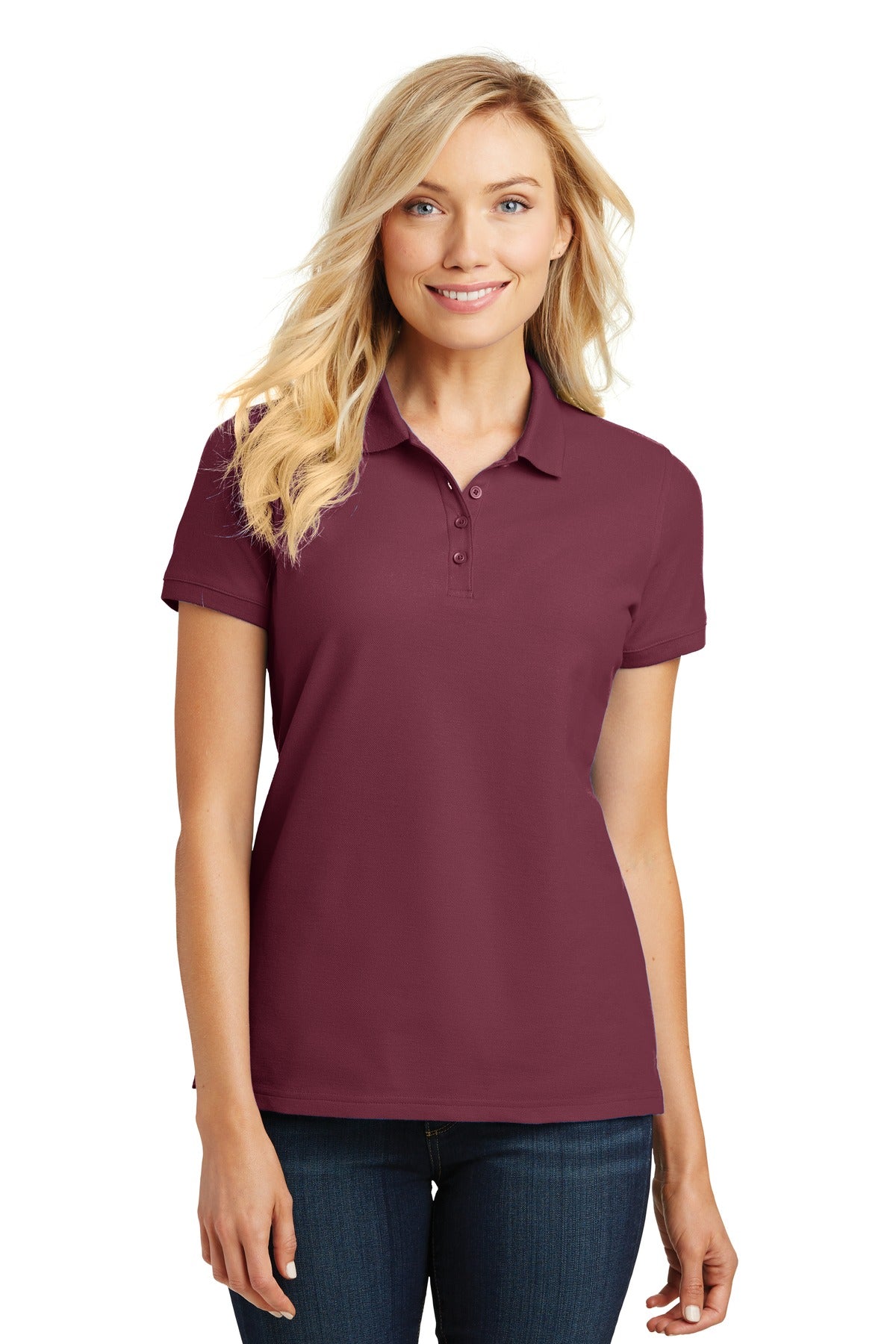 Custom Burgundy Women's Core Classic Pique Polo L100, personalized by SanCanDo Swag in Argyle, TX