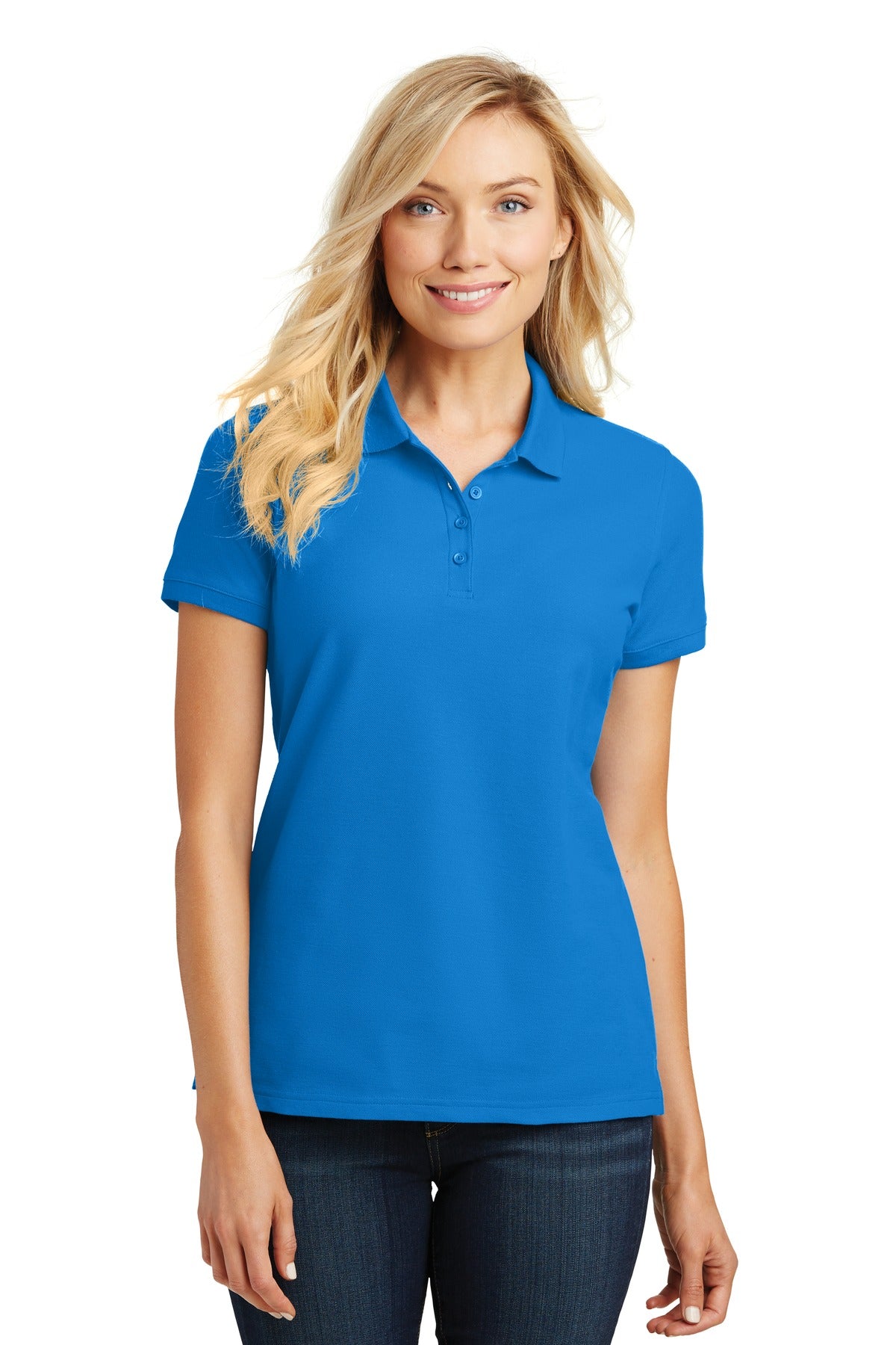 Custom Coastal Blue Women's Core Classic Pique Polo L100, personalized by SanCanDo Swag in Argyle, TX