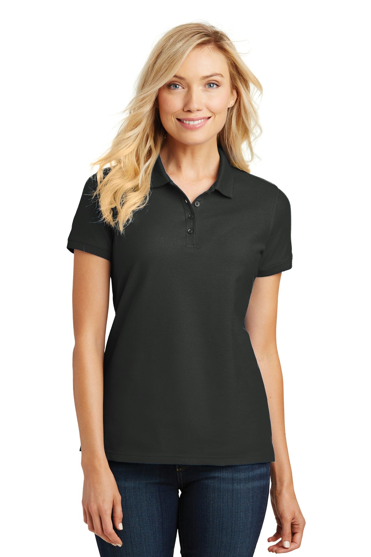 Custom Deep Black Women's Core Classic Pique Polo L100, personalized by SanCanDo Swag in Argyle, TX