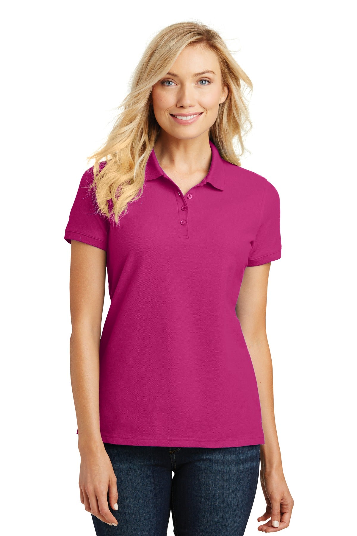 Custom Pink Azalea Women's Core Classic Pique Polo L100, personalized by SanCanDo Swag in Argyle, TX