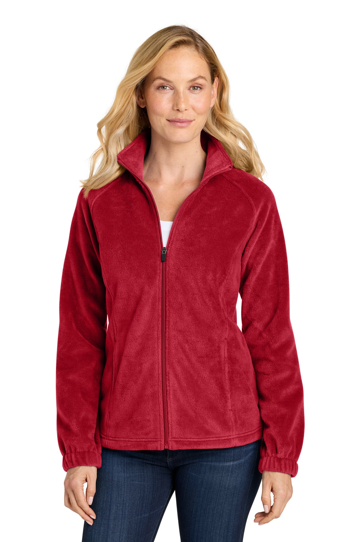 Custom Rich Red Women's Plush Fleece Full-Zip Jacket L190, personalized by SanCanDo Swag in Argyle, TX