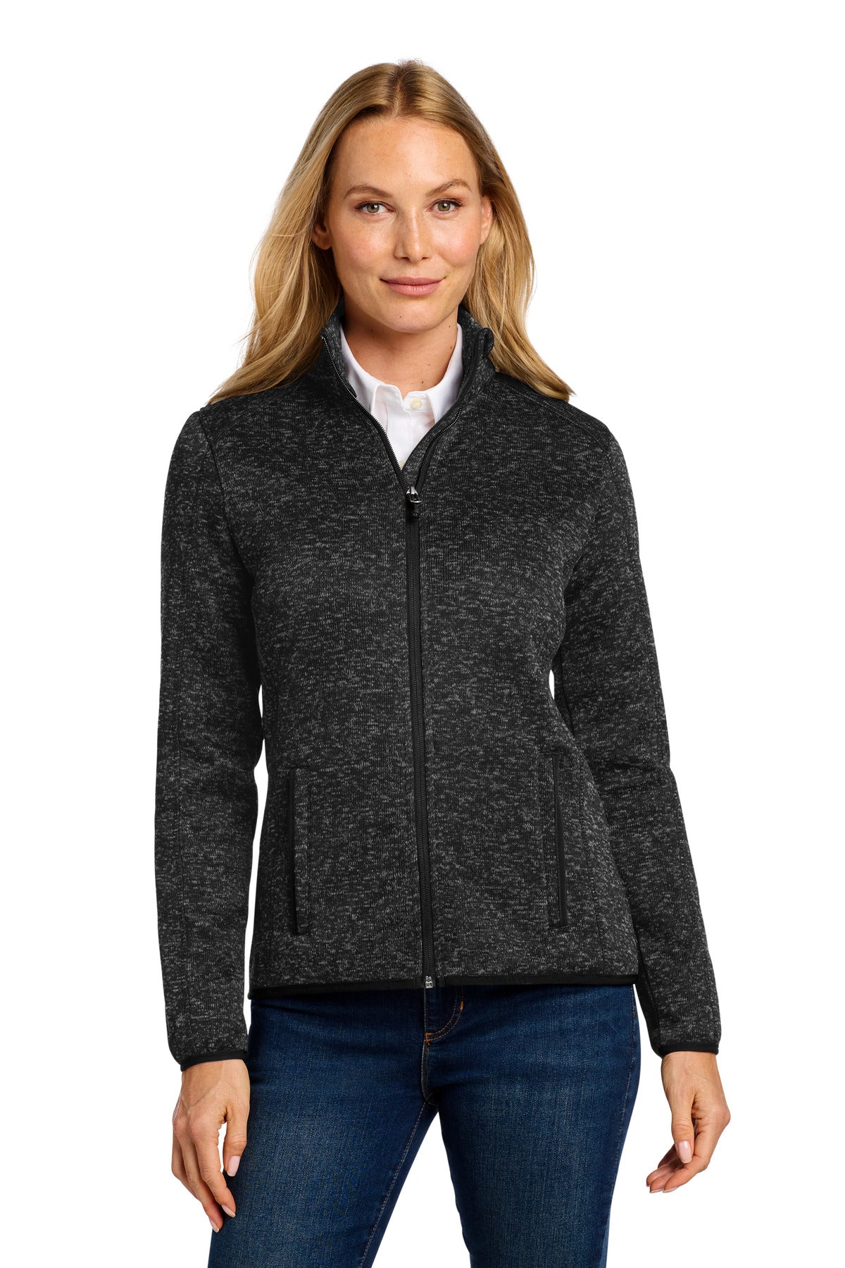Custom Black Heather Women's Sweater Fleece Jacket L232, personalized by SanCanDo Swag in Argyle, TX