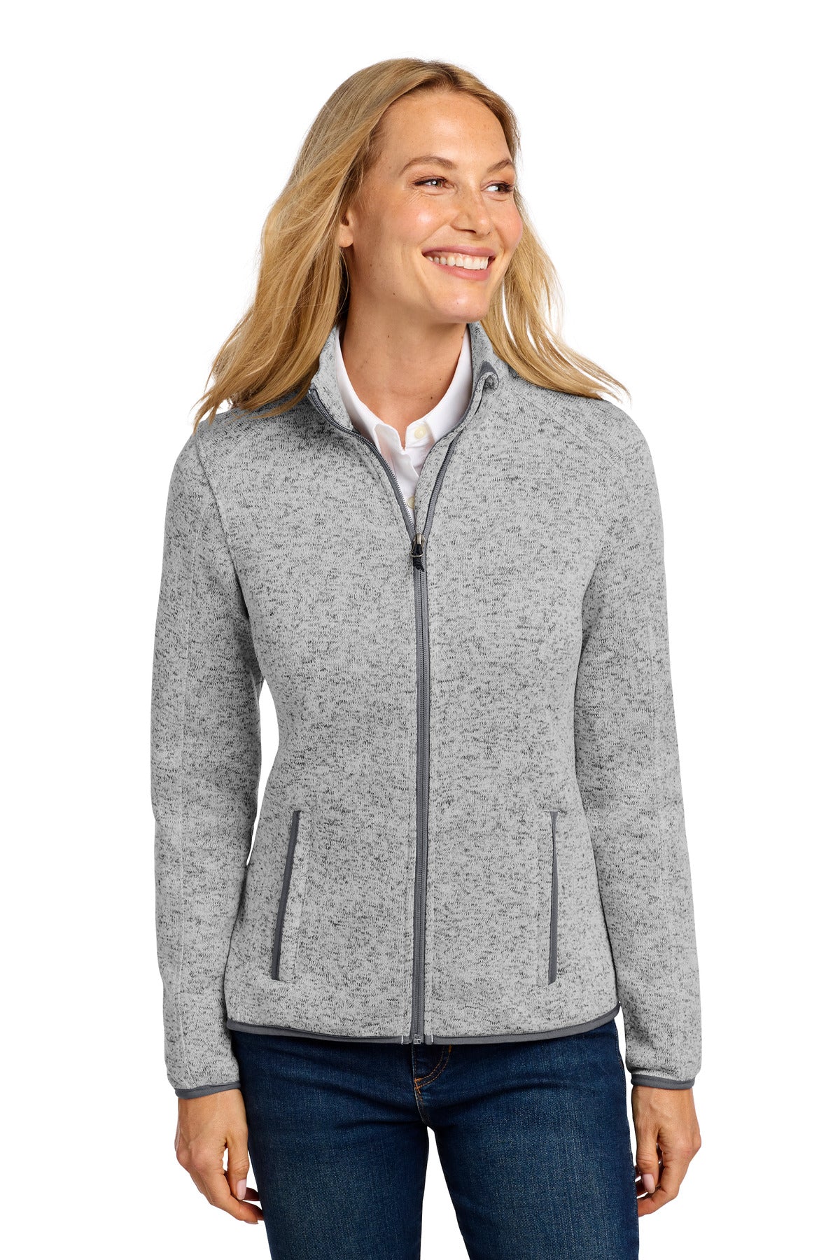 Custom Grey Heather Women's Sweater Fleece Jacket L232, personalized by SanCanDo Swag in Argyle, TX