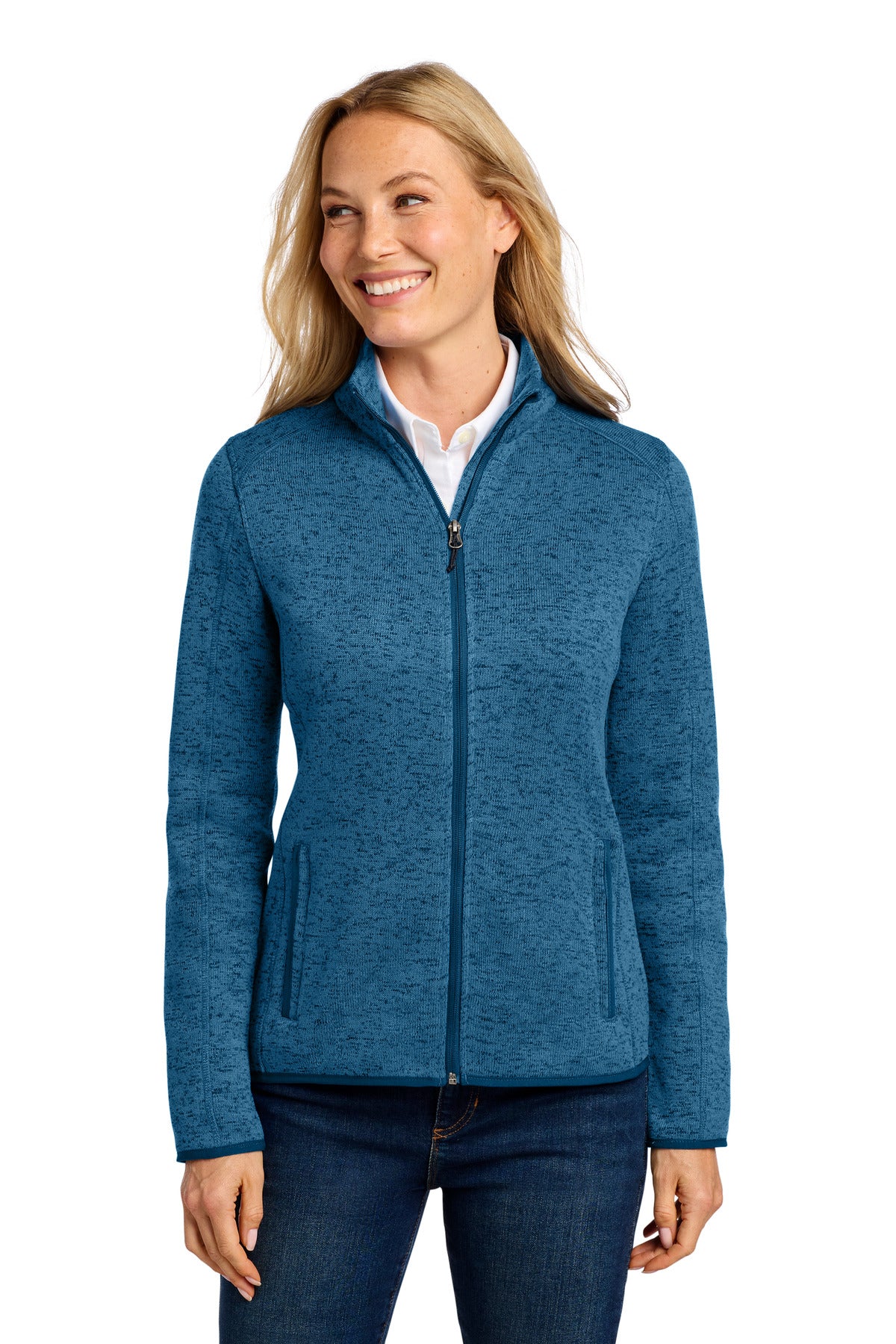 Custom Medium Blue Heather Women's Sweater Fleece Jacket L232, personalized by SanCanDo Swag in Argyle, TX