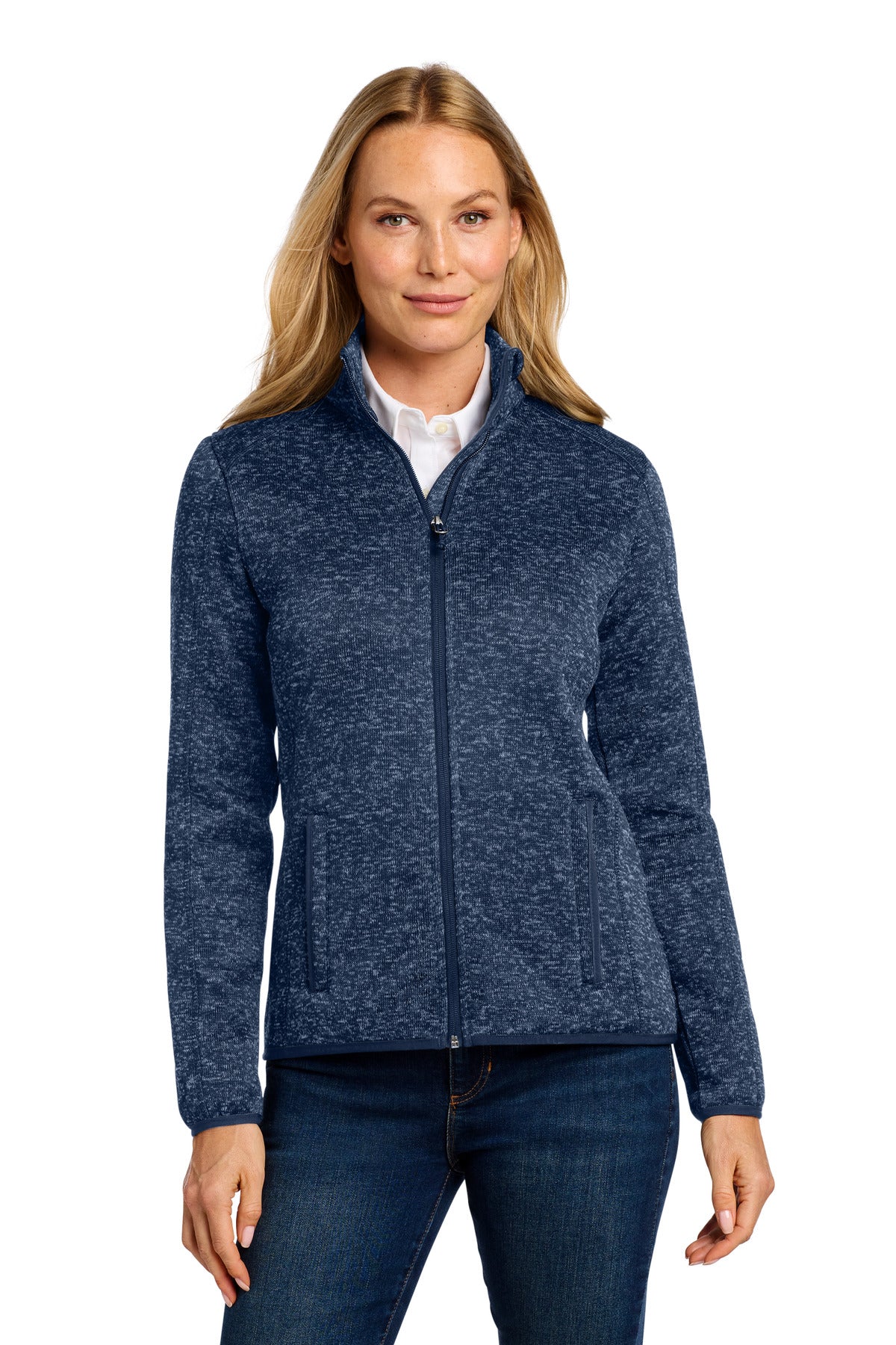 Custom River Blue Navy Heather Women's Sweater Fleece Jacket L232, personalized by SanCanDo Swag in Argyle, TX