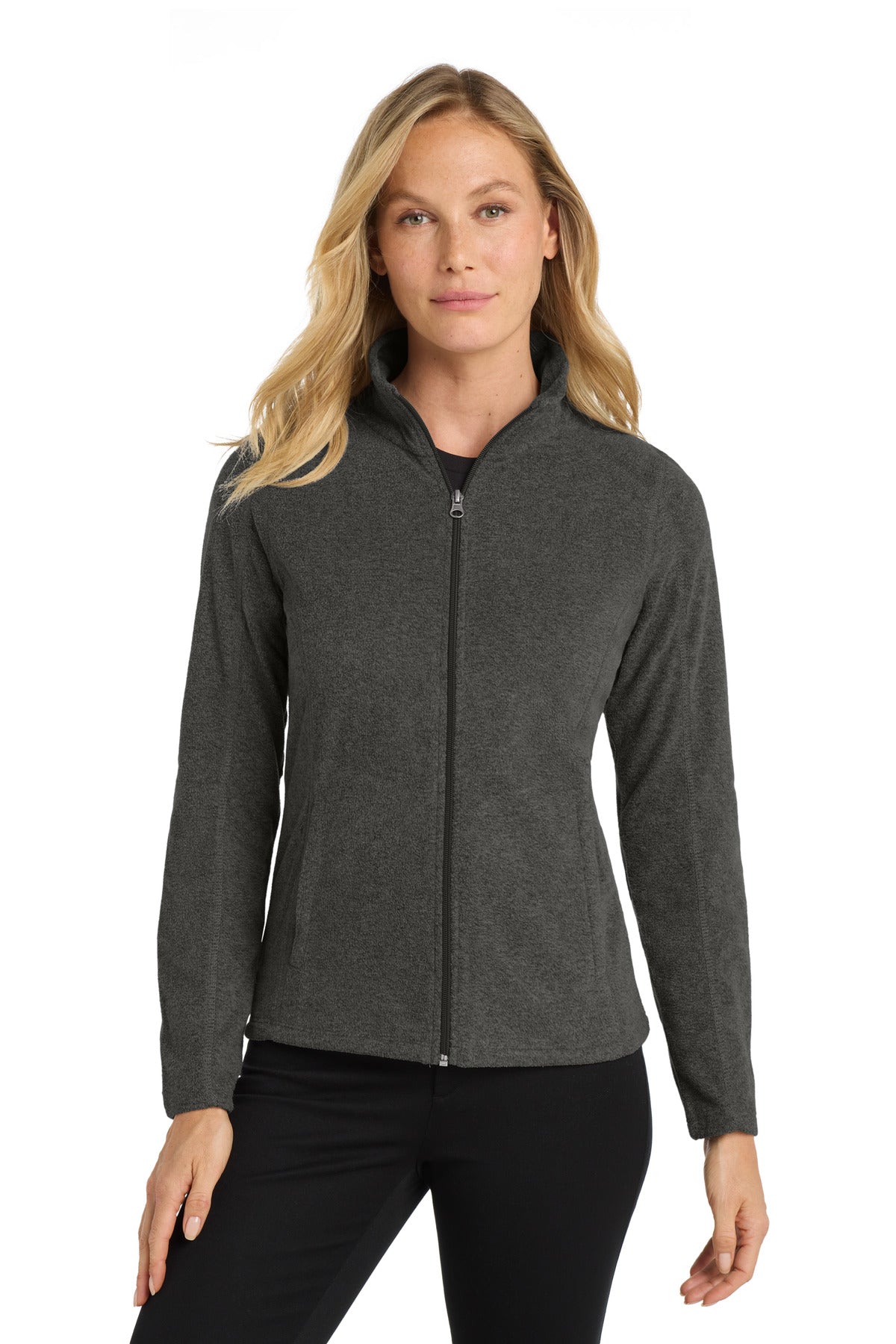 Custom Black Charcoal Heather Heather Microfleece Full-Zip Jacket L235, personalized by SanCanDo Swag in Argyle, TX