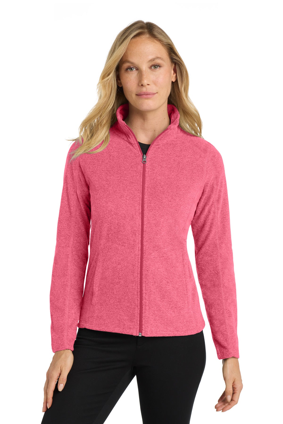 Custom Pink Raspberry Heather Heather Microfleece Full-Zip Jacket L235, personalized by SanCanDo Swag in Argyle, TX