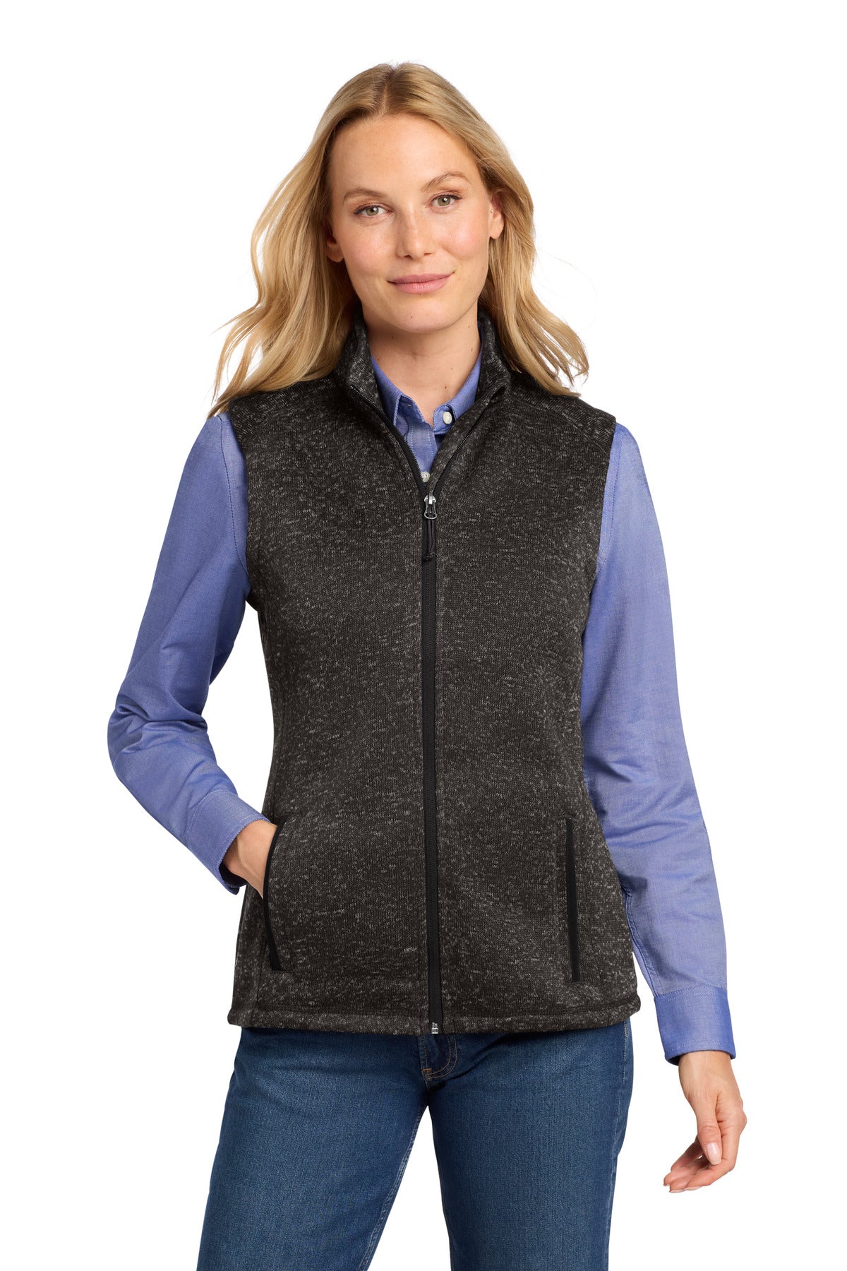 Custom Black Heather Women's Sweater Fleece Vest L236, personalized by SanCanDo Swag in Argyle, TX