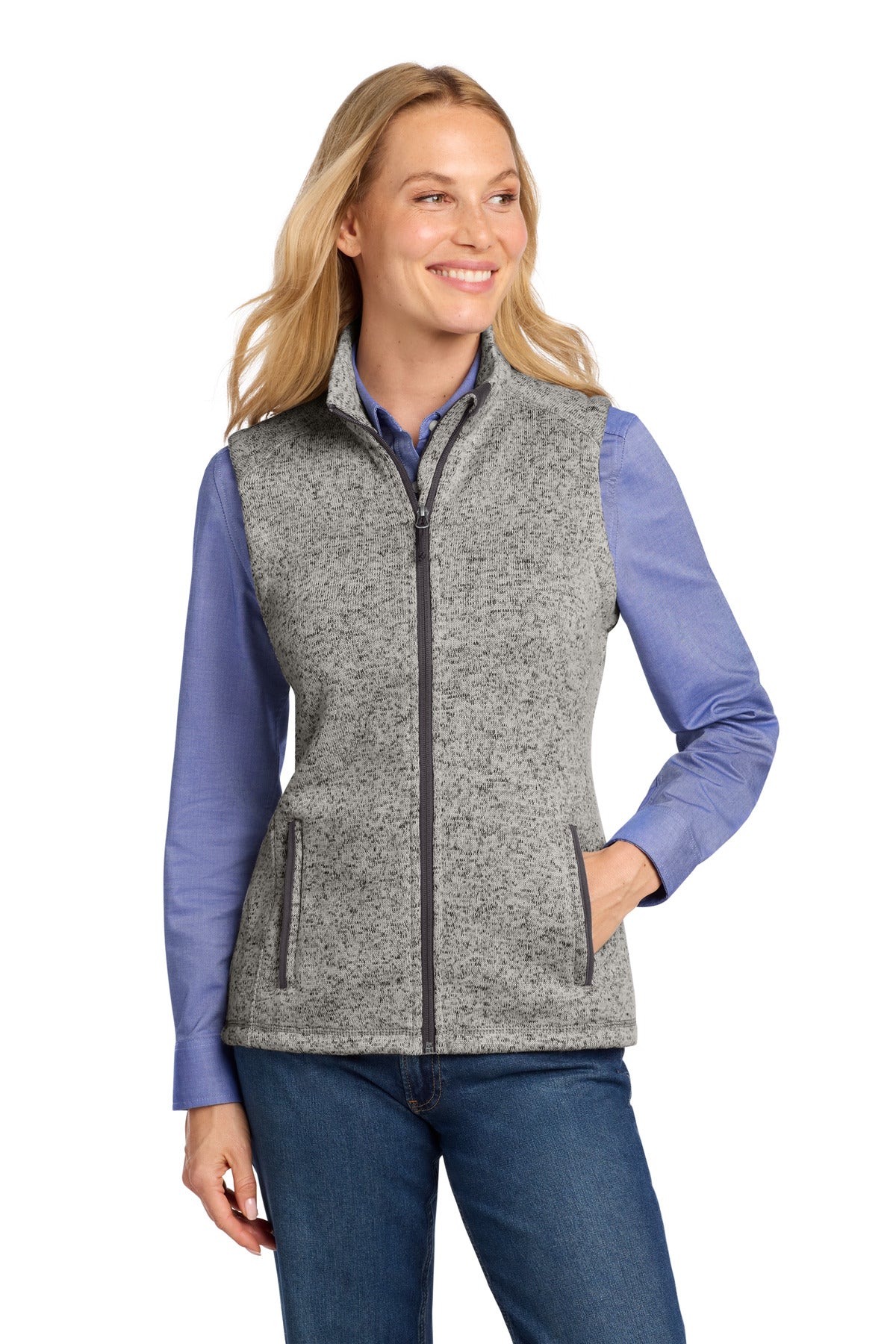 Custom Grey Heather Women's Sweater Fleece Vest L236, personalized by SanCanDo Swag in Argyle, TX