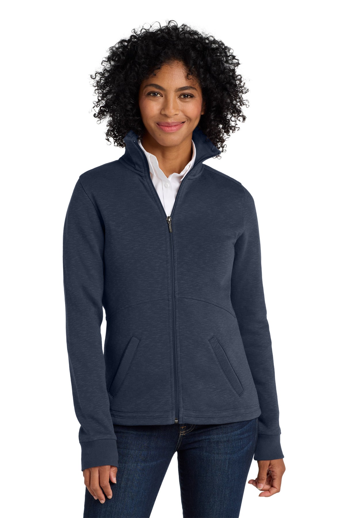 Custom Navy Women's Slub Fleece Full-Zip Jacket L293, personalized by SanCanDo Swag in Argyle, TX