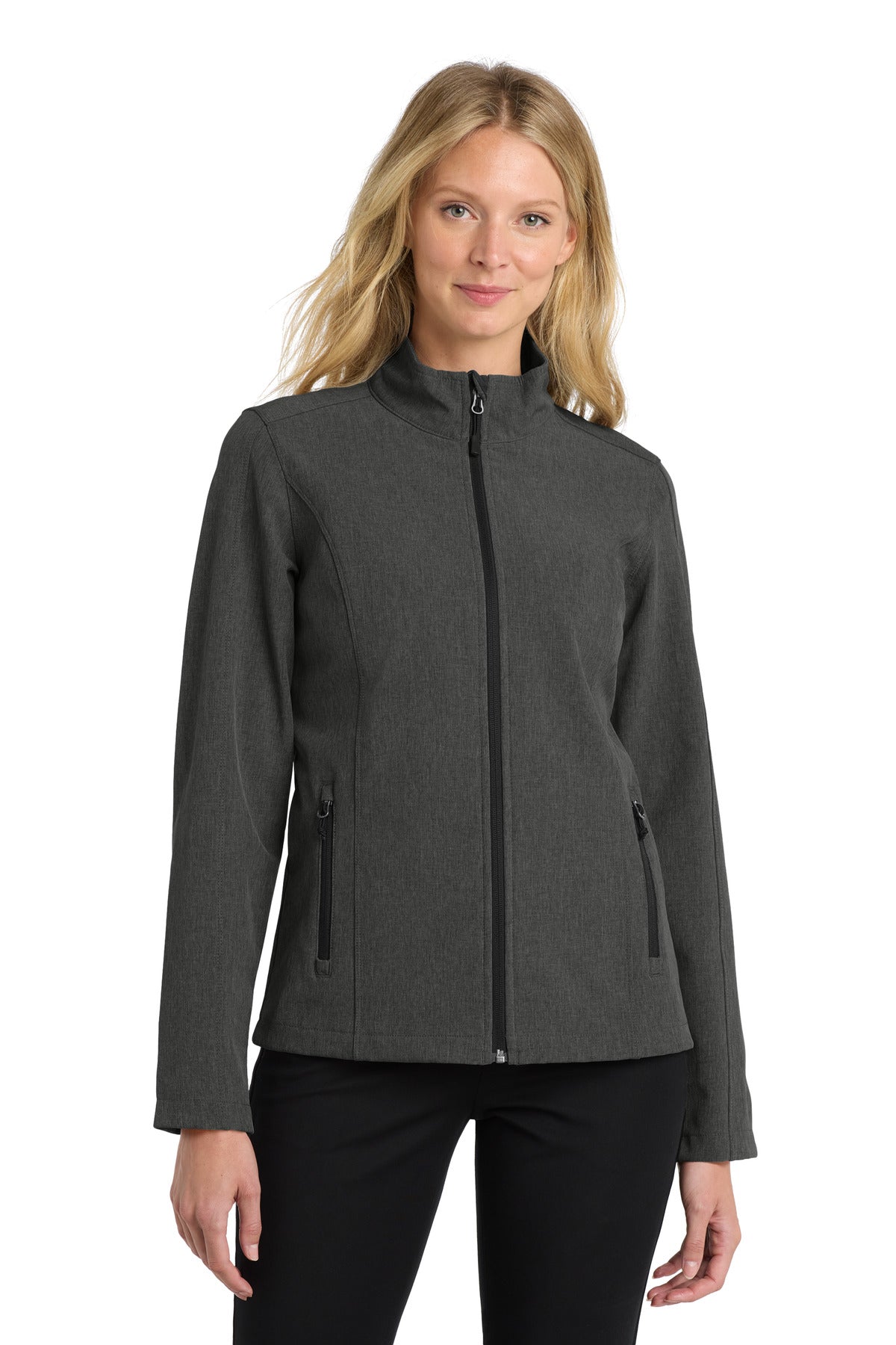 Custom Black Charcoal Heather Women's Core Soft Shell Jacket L317, personalized by SanCanDo Swag in Argyle, TX