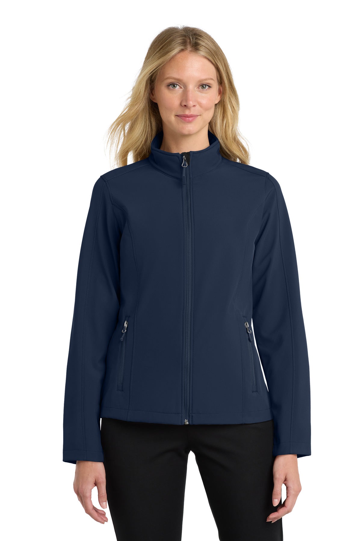 Custom Dress Blue Navy Women's Core Soft Shell Jacket L317, personalized by SanCanDo Swag in Argyle, TX