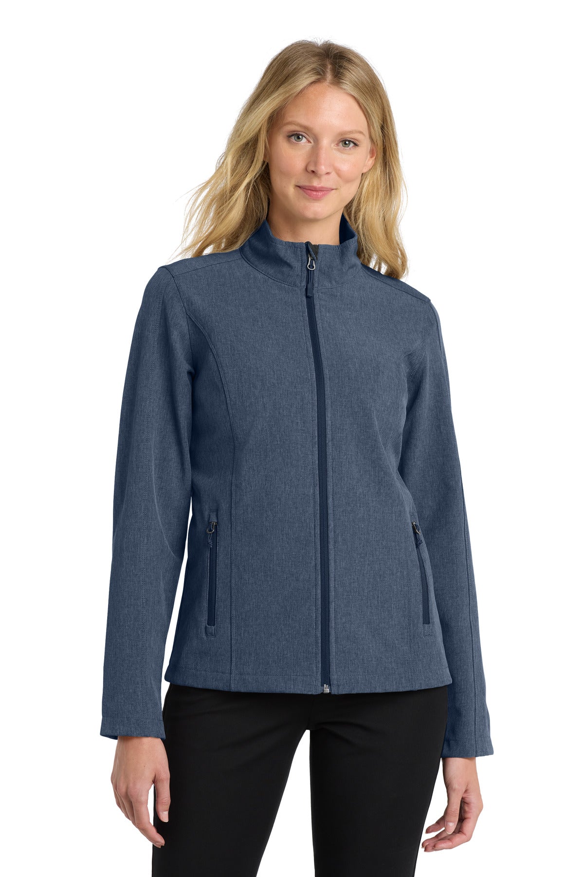 Custom Navy Heather Women's Core Soft Shell Jacket L317, personalized by SanCanDo Swag in Argyle, TX
