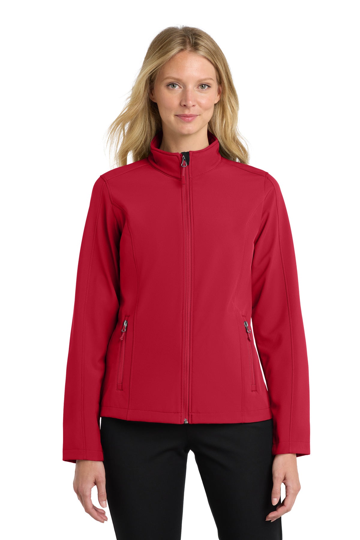 Custom Rich Red Women's Core Soft Shell Jacket L317, personalized by SanCanDo Swag in Argyle, TX
