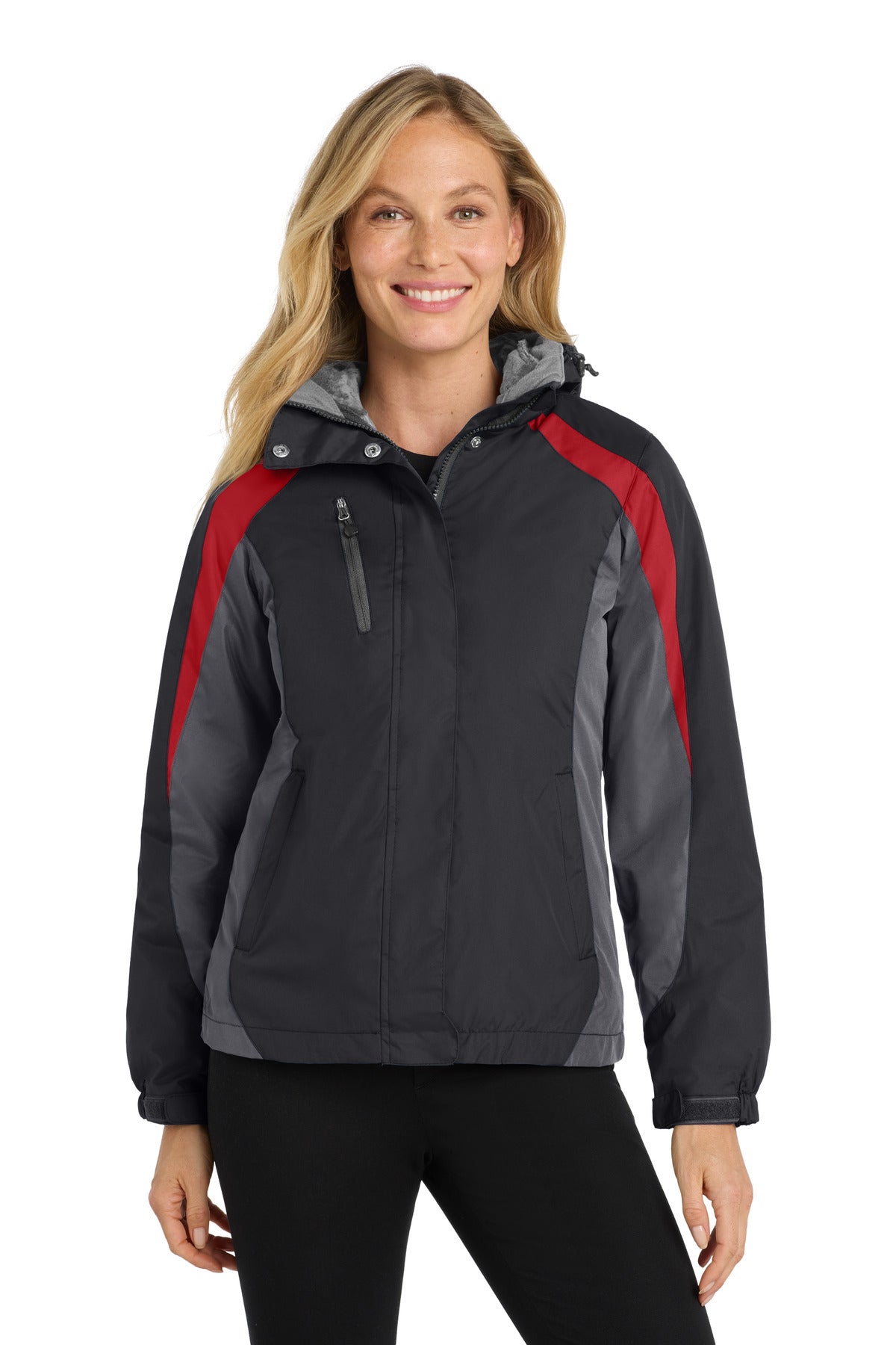 Custom Black/ Magnet/ Signal Red Women's Colorblock 3-in-1 Jacket L321, personalized by SanCanDo Swag in Argyle, TX