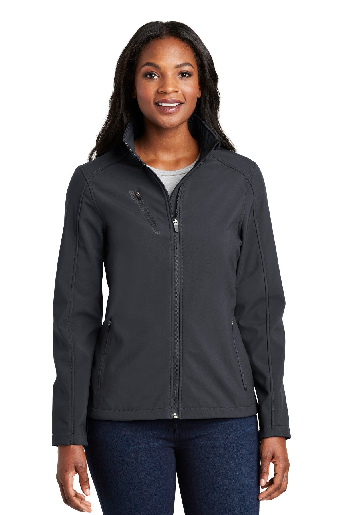 Custom Battleship Grey Women's Welded Soft Shell Jacket L324, personalized by SanCanDo Swag in Argyle, TX