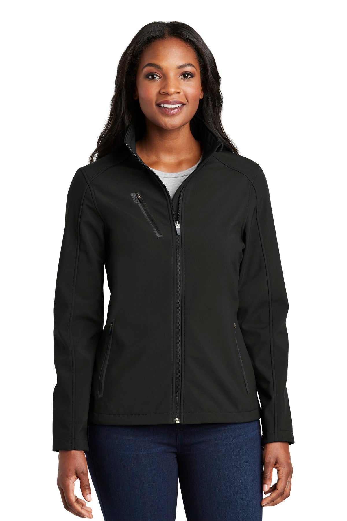 Custom Black Women's Welded Soft Shell Jacket L324, personalized by SanCanDo Swag in Argyle, TX