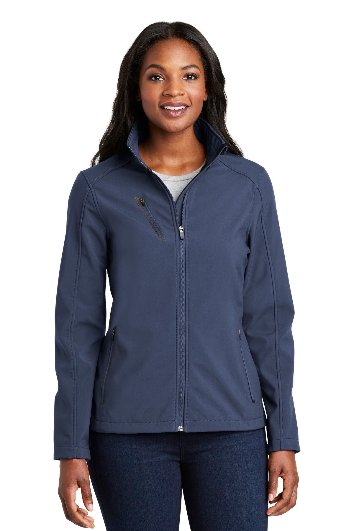 Custom Dress Blue Navy Women's Welded Soft Shell Jacket L324, personalized by SanCanDo Swag in Argyle, TX