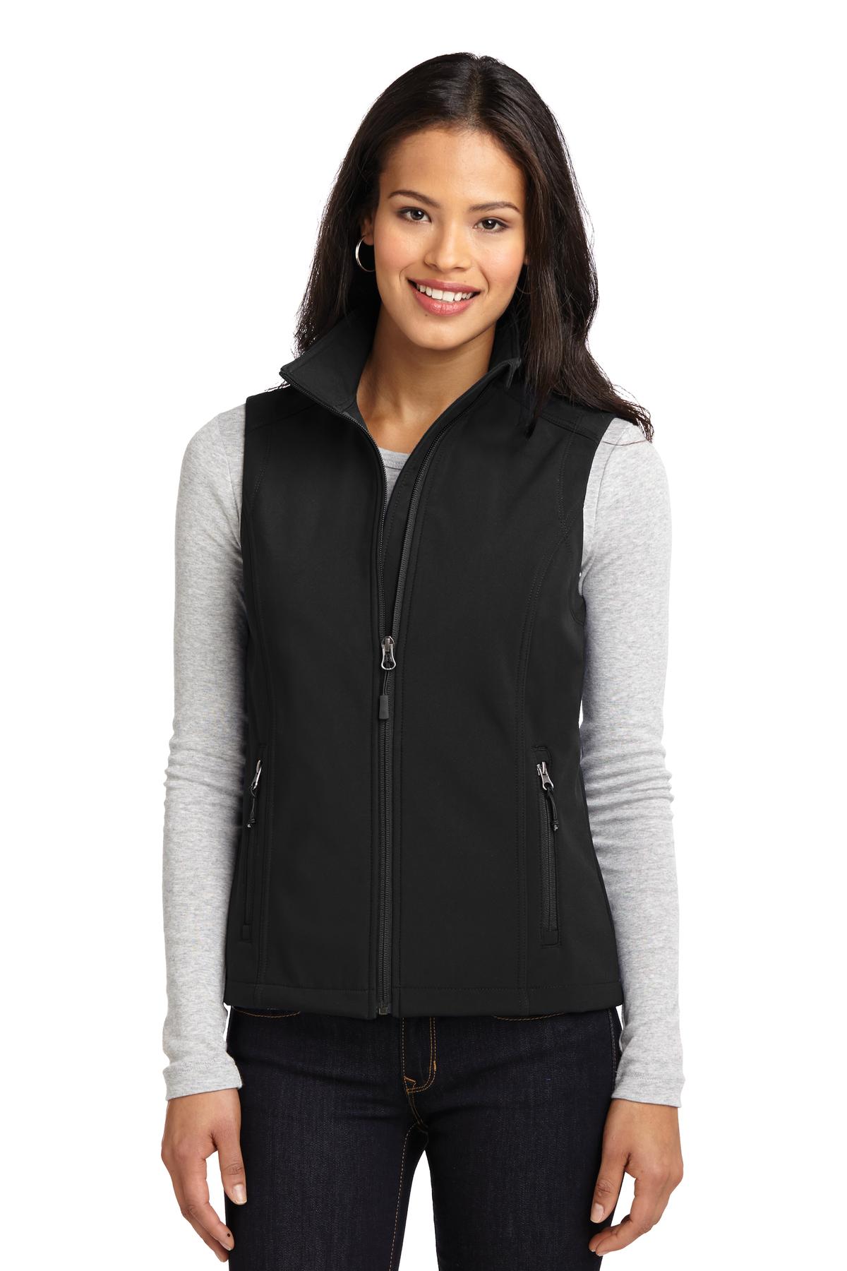 Custom Black Women's Core Soft Shell Vest L325, personalized by SanCanDo Swag in Argyle, TX