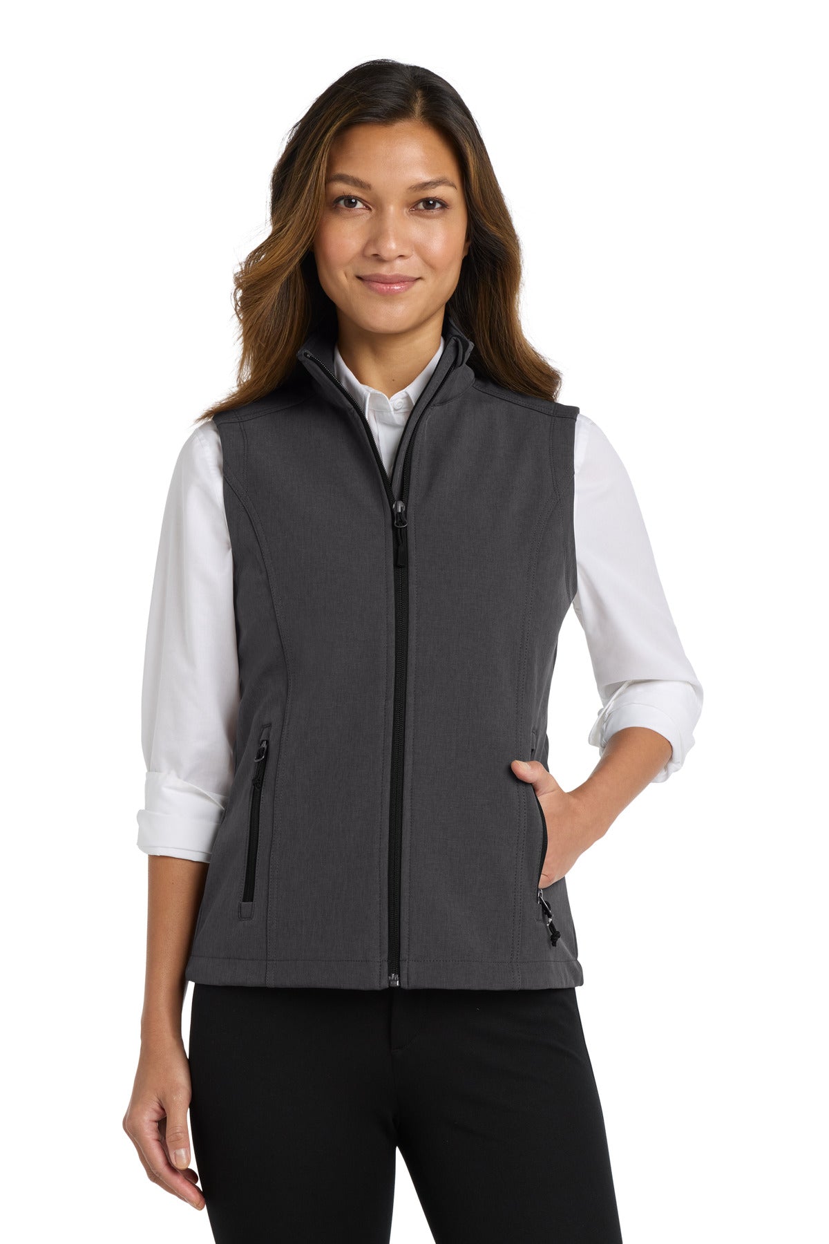 Custom Black Charcoal Heather Women's Core Soft Shell Vest L325, personalized by SanCanDo Swag in Argyle, TX