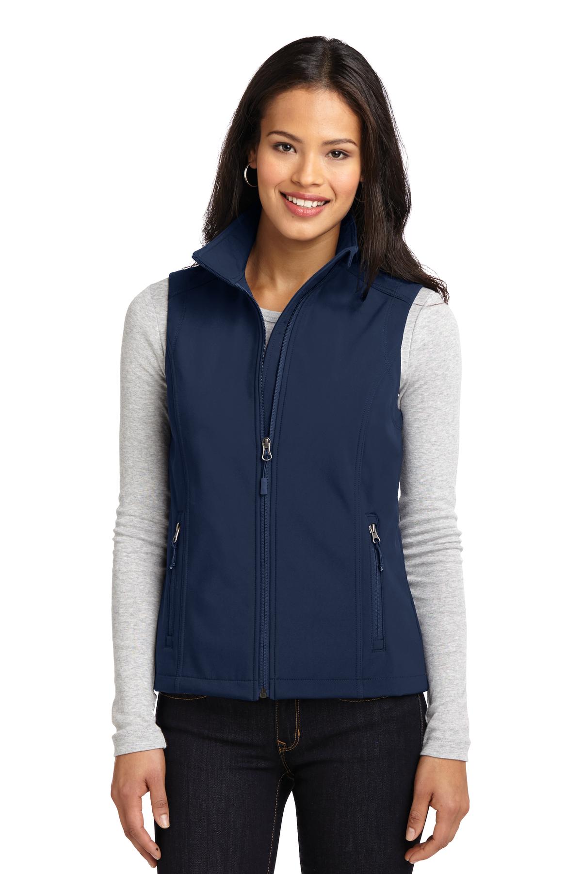 Custom Dress Blue Navy Women's Core Soft Shell Vest L325, personalized by SanCanDo Swag in Argyle, TX
