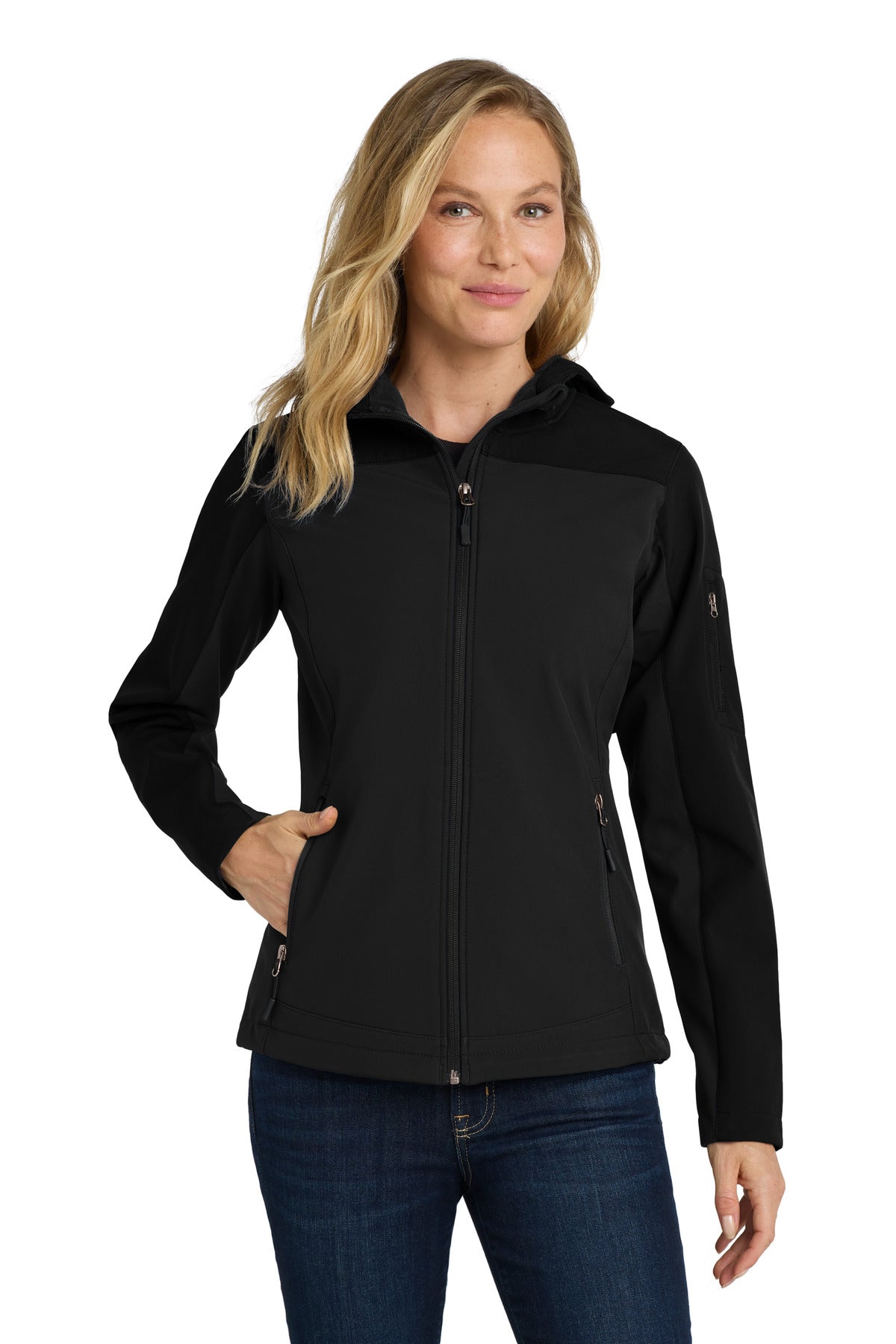 Custom Black Women's Hooded Core Soft Shell Jacket L335, personalized by SanCanDo Swag in Argyle, TX